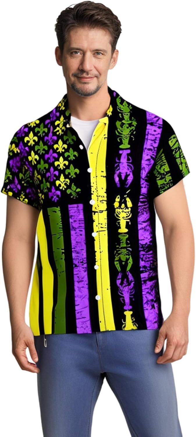 Mens Mardi Gras Shirt Print Short Sleeve Hawaiian Bowling Casual Button Down Beach Shirts - Image 4