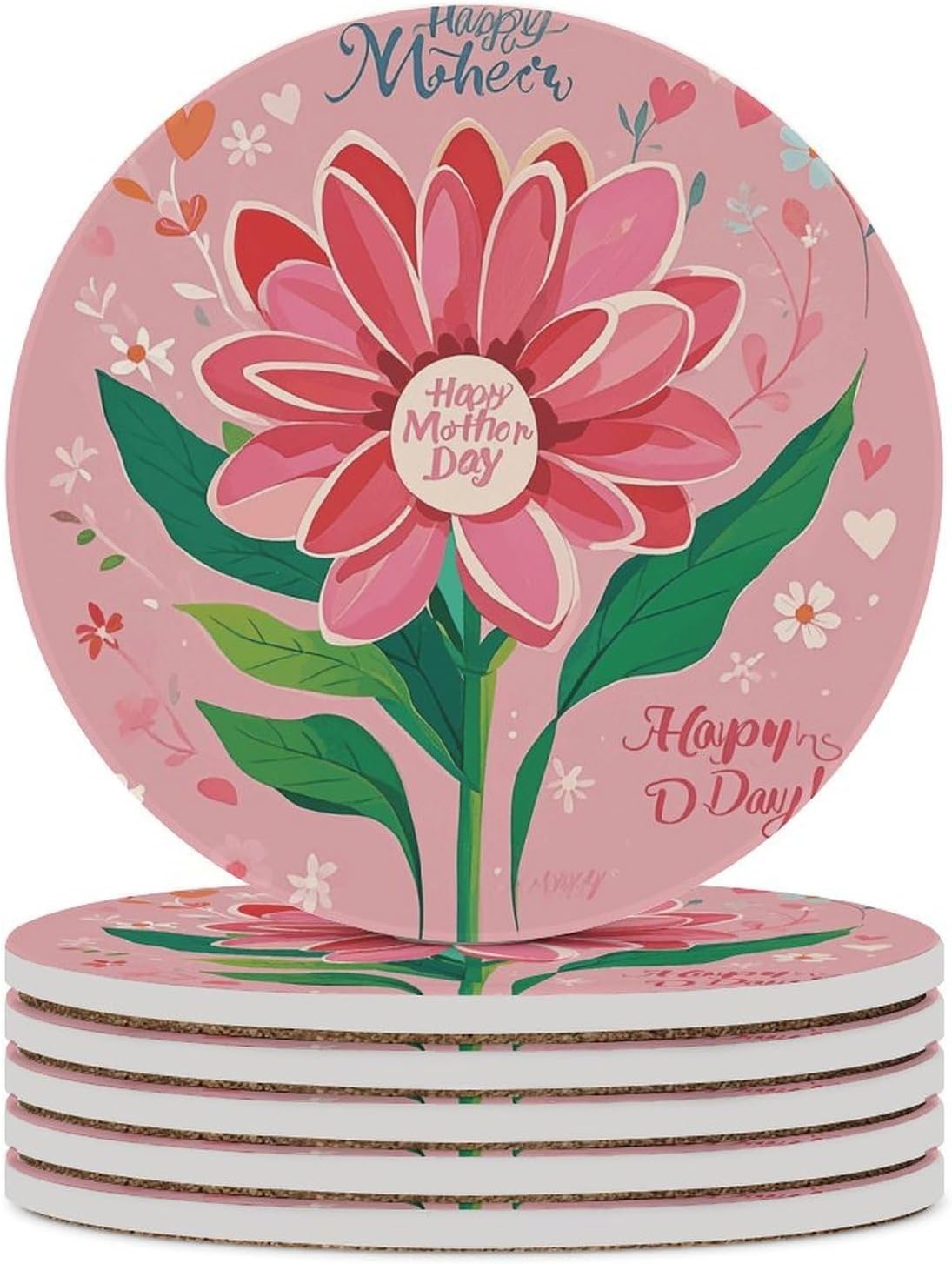 6PCS Happy Mother Day Coasters Non-Slip Round Drink Coasters with Ceramic Stone and Cork Base, Heat Resistant Absorbent 33.00Stone Coaster Set for Kinds of Mugs and Cups, 4 Inch