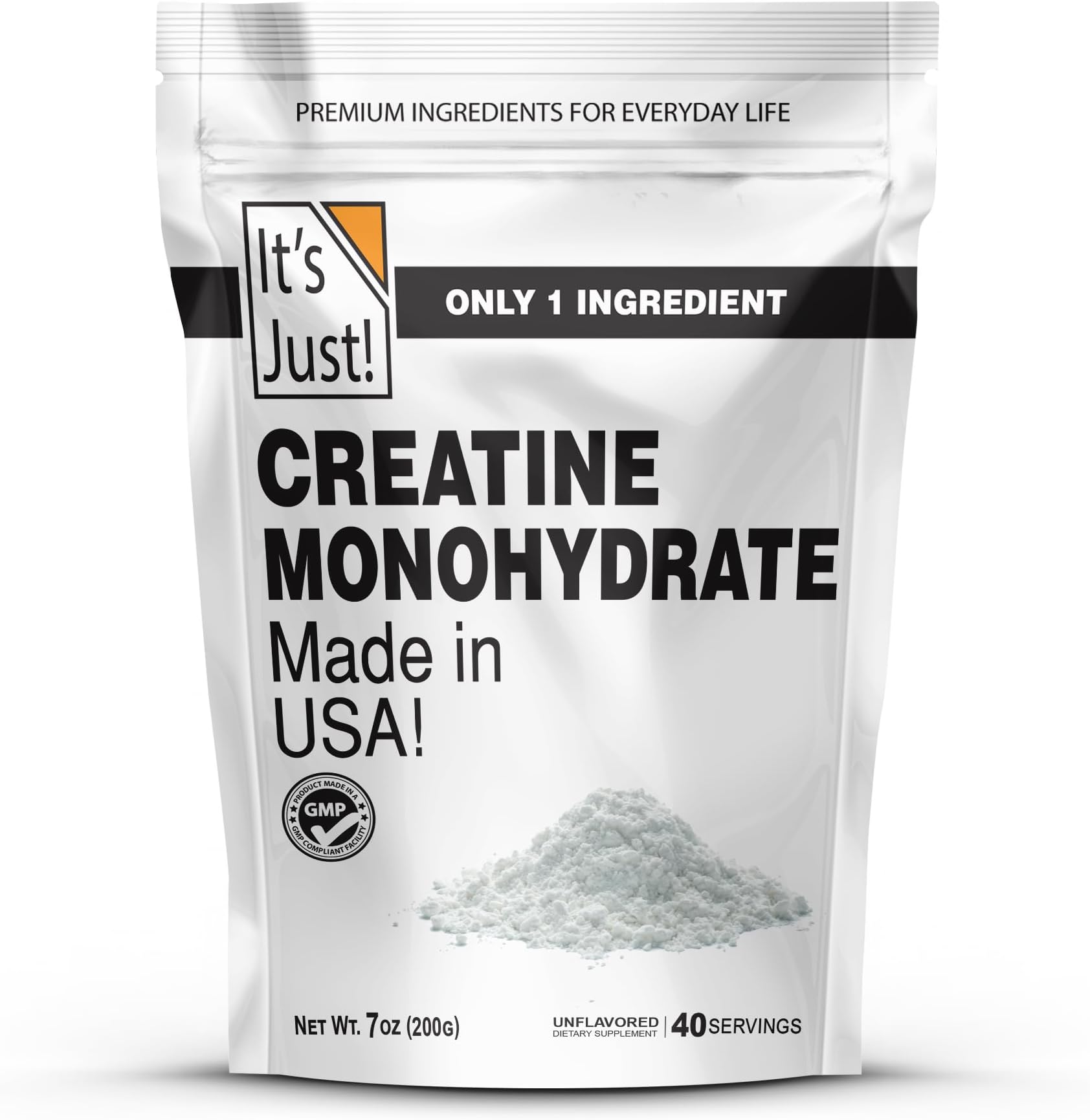 It's Just! - Creatine Monohydrate Powder, Pure Creatine Powder, Made in USA, 3rd Party Lab Tested, 5g Per Serving, Scoop Included, No Fillers, No Added Flavor (Unflavored, 200g / 40 Servings)