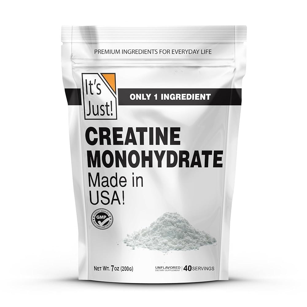 It\'s Just! - Creatine Monohydrate Powder, Pure Creatine Powder, Made in USA, 3rd Party Lab Tested, 5g Per Serving, Scoop Included, No Fillers, No Added Flavor (Unflavored, 200g / 40 Servings)