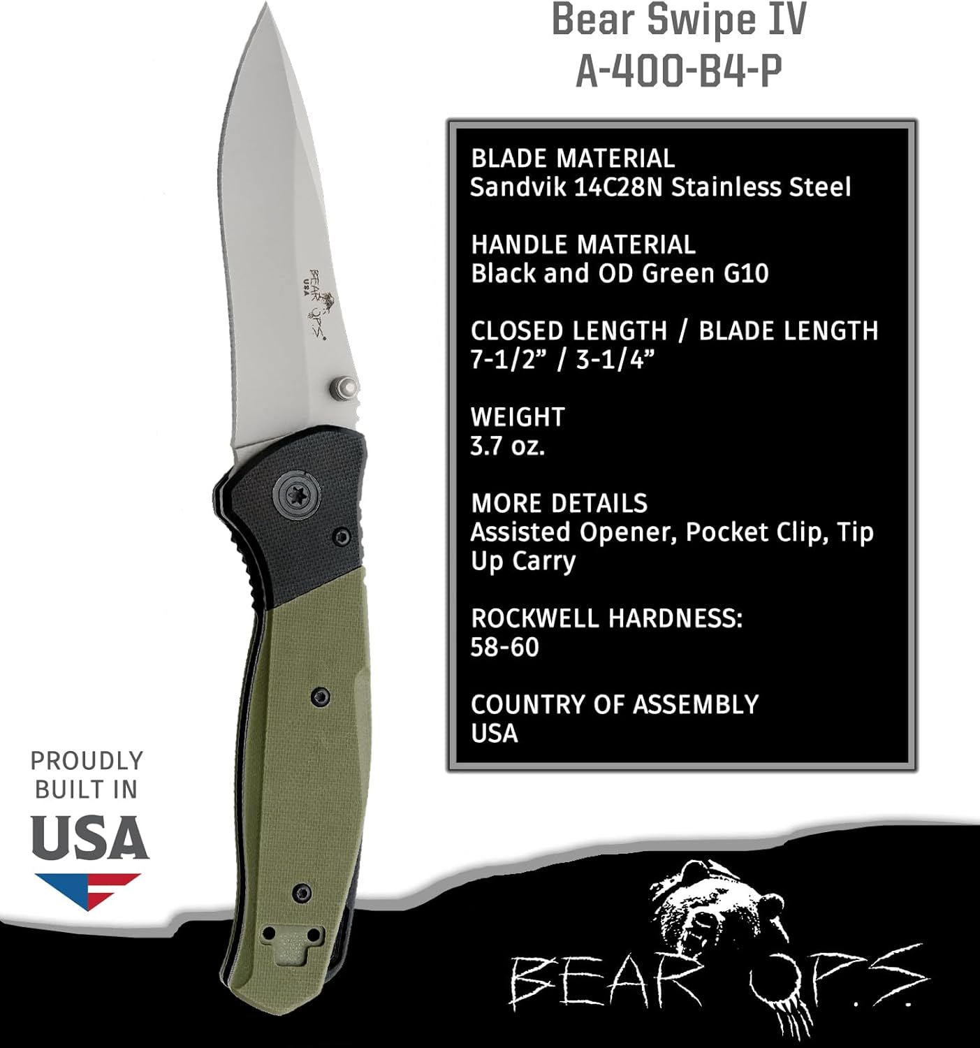 Bear & Son Swipe IV 4 1/4" Black & Green G10 Handle with Blade
