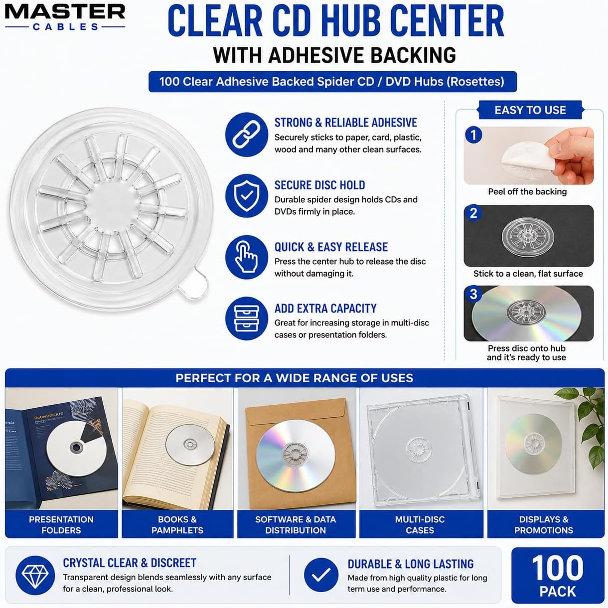 100 x Clear CD Hub Centres with Self-Adhesive Backing – 100 Pack Transparent Spider CD/DVD Rosettes – Stick-On Disc Holders for Books, Brochures, Presentation Folders, Packaging & DIY Media Mounting