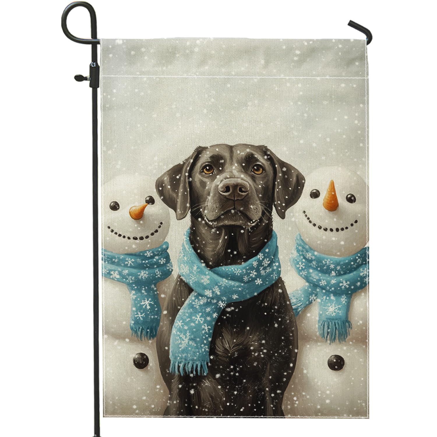 Winter Labrador Garden Flag, Black Lab With Blue Scarf Cute Snowman Holiday Decor, Double-Sided Burlap Patio Welcome Yard Flag For Outdoor Porch Flags
