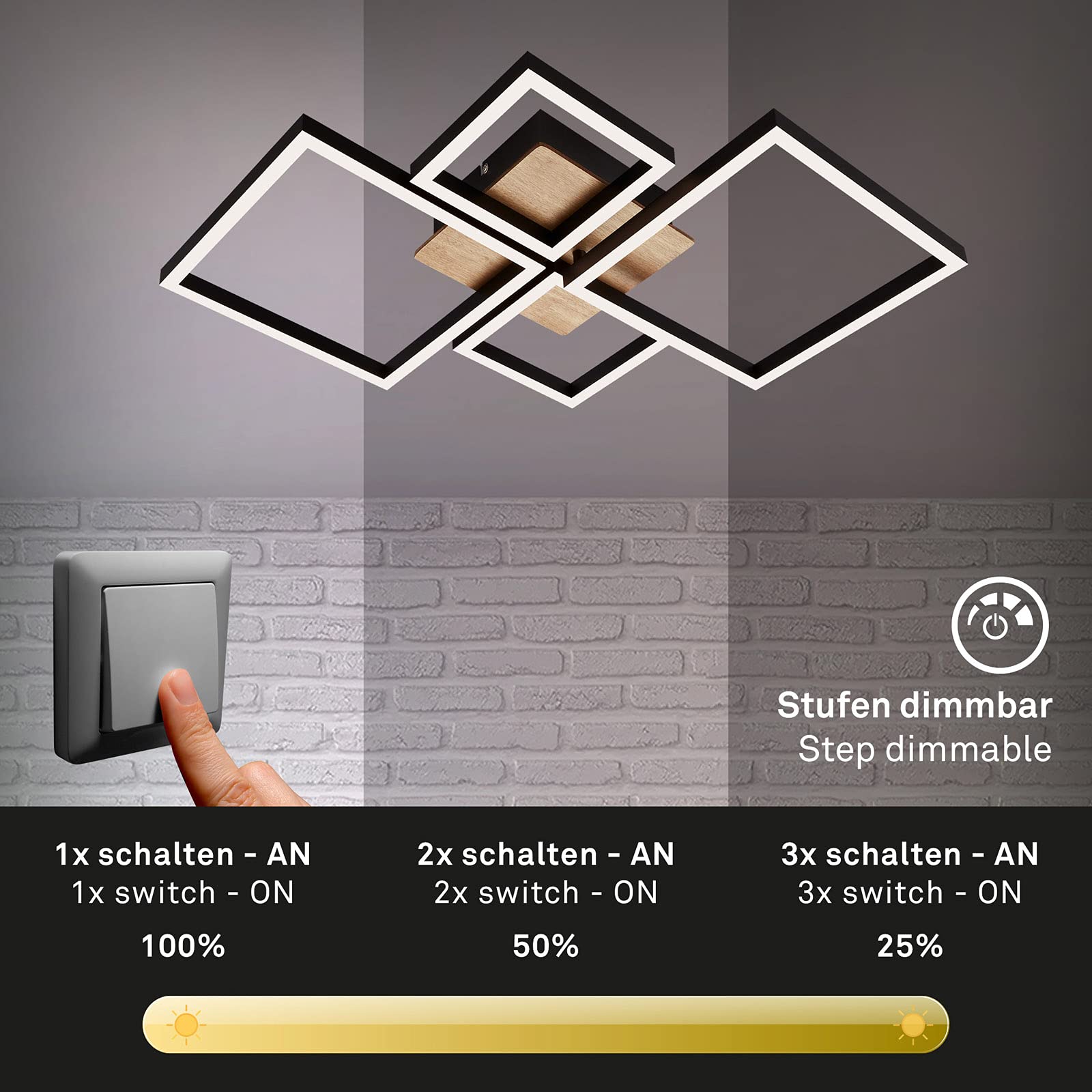 BRILONER - LED Deckenlampe dimmbar in Stufen, schwenkbar, warmweiße Lichtfarbe, Lampe, LED Deckenleuchte, Wohnzimmerlampe, Schlafzimmerlampe, Küchenlampe, Deckenbeleuchtung, 75x47x7,3 cm, Schwarz