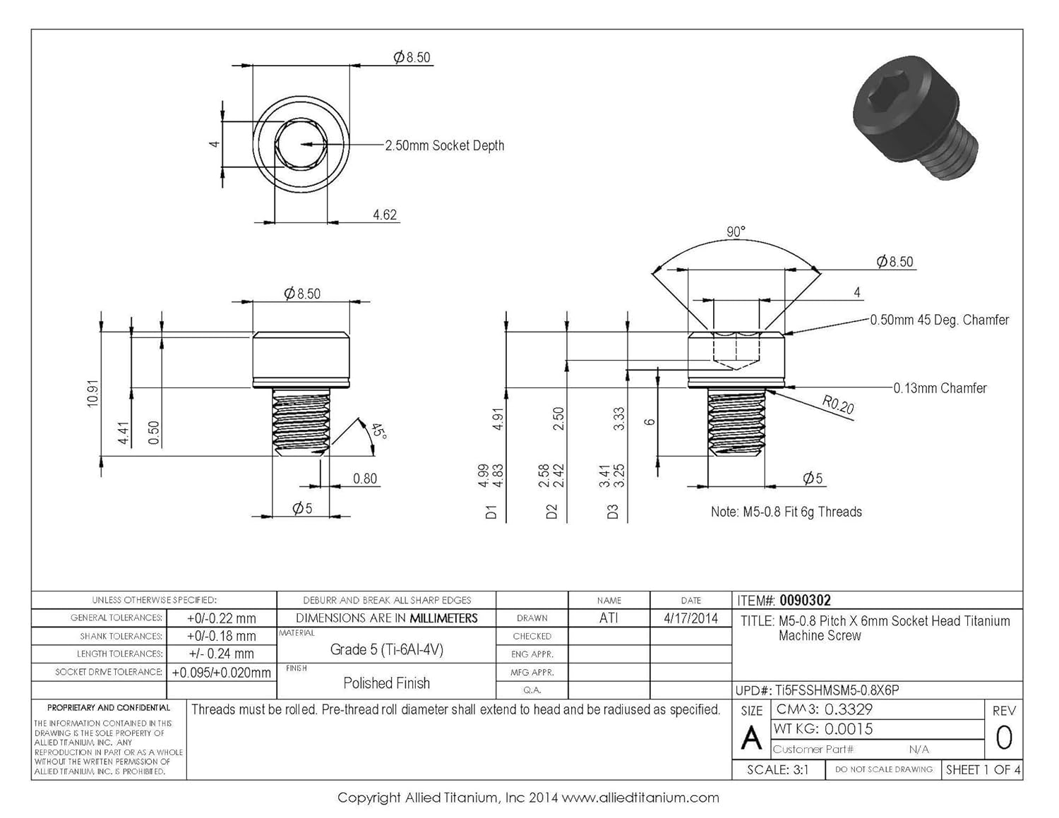 0090302, (Pack of 10) M5-0.8 Pitch X 6mm Socket Head Titanium Machine Screw, Grade 5 (Ti-6Al-4V)