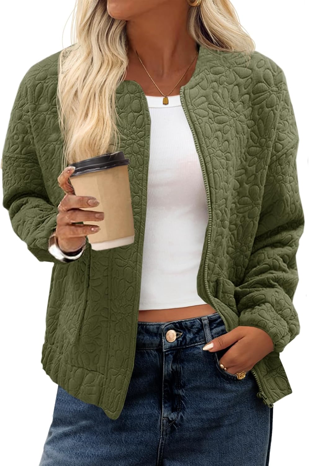 Tankaneo Womens Bomber Jackets Lightweight Zip Up Fashion Cute Jacquard Coats Fall Varsity jacket