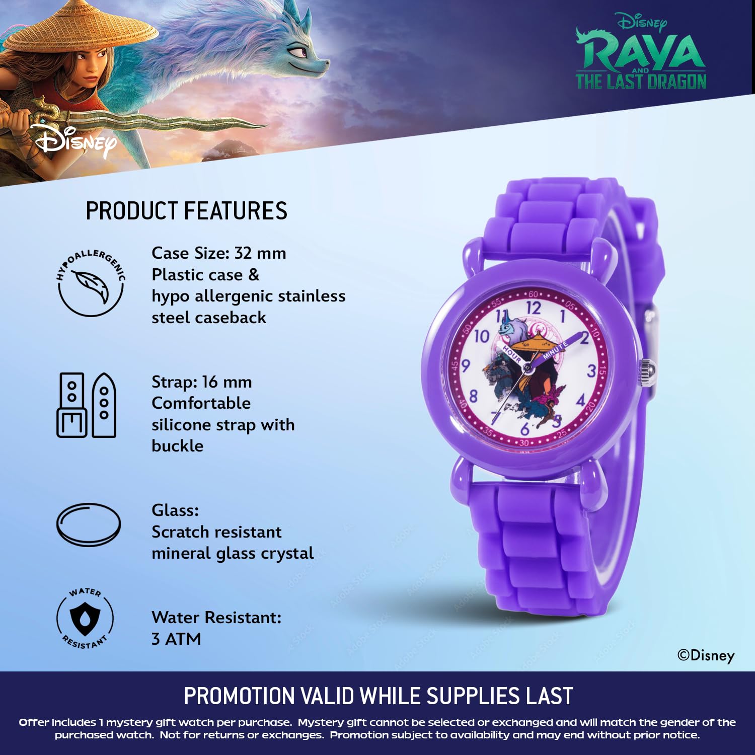 Disney Raya and The Last Dragon Orologio per bambini dai 3 ai 7 anni con quadrante con personaggi magici - Ottimo regalo per i giovani fan - Quadrante di facile lettura, lunetta viola e cinturino in