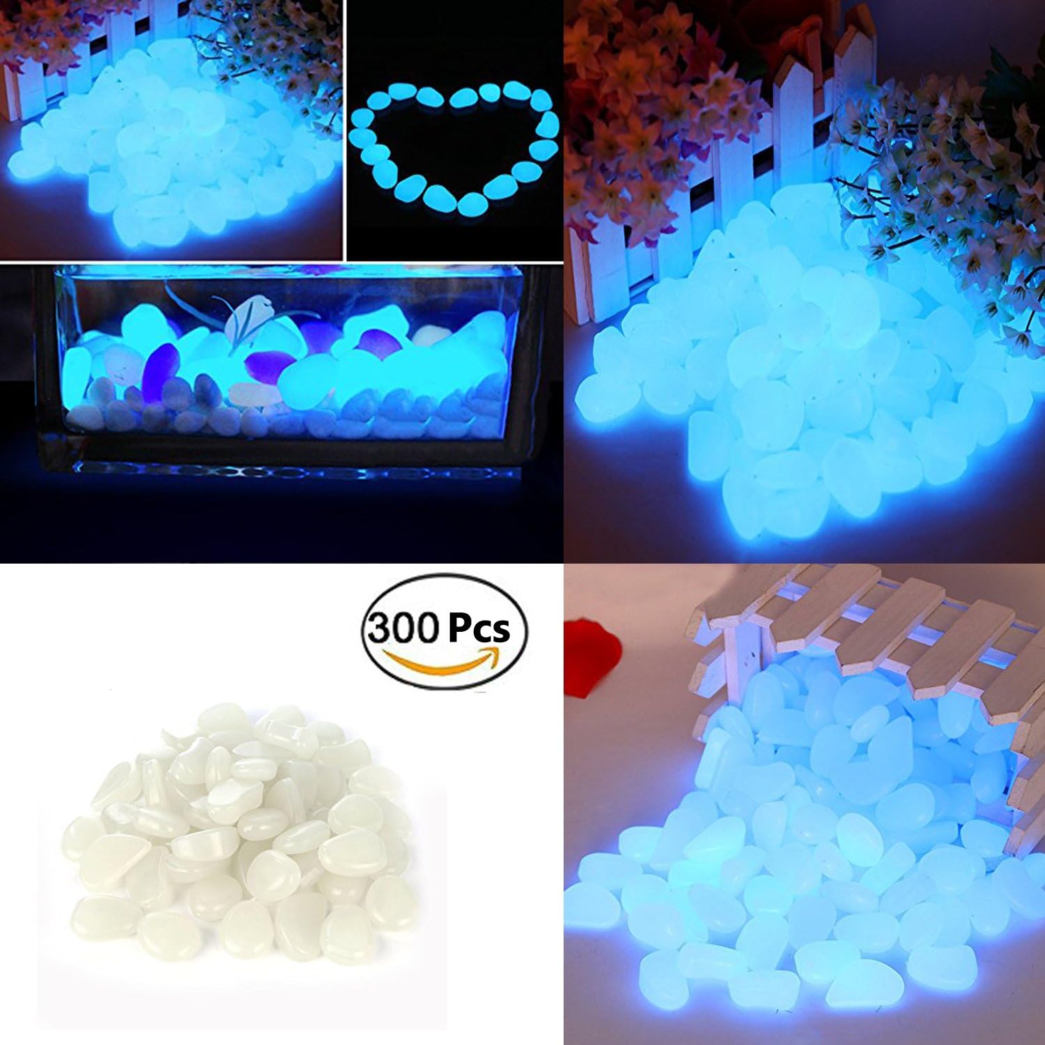 Slipond 300 Pcs Glow in the Dark Pebbles Stone for Walkways Garden Yard (White)