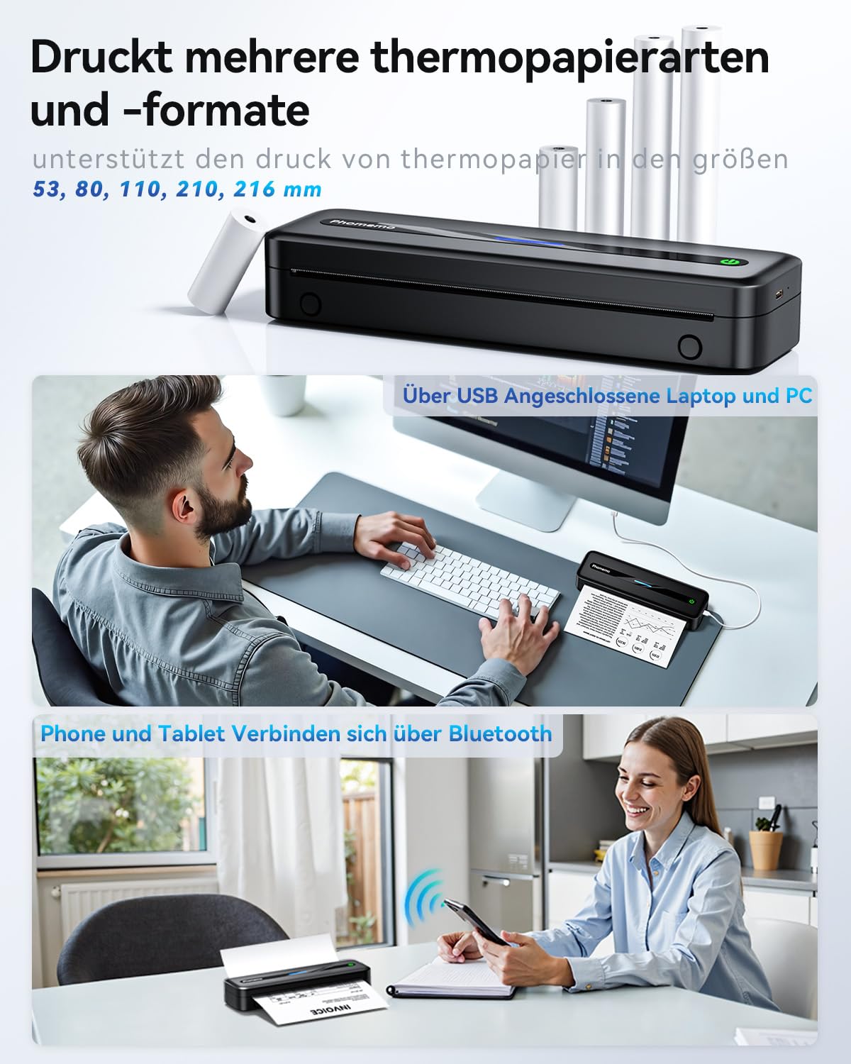 Phomemo M832 Thermodrucker A4, Mobiler Drucker A4 für Unterwegs, Büro, Schule, Zuhause, Kompatibel mit Windows/macOS/iOS/Android, Monochromer Reisedrucker Unterstützt nur Thermopapier, Schwarz