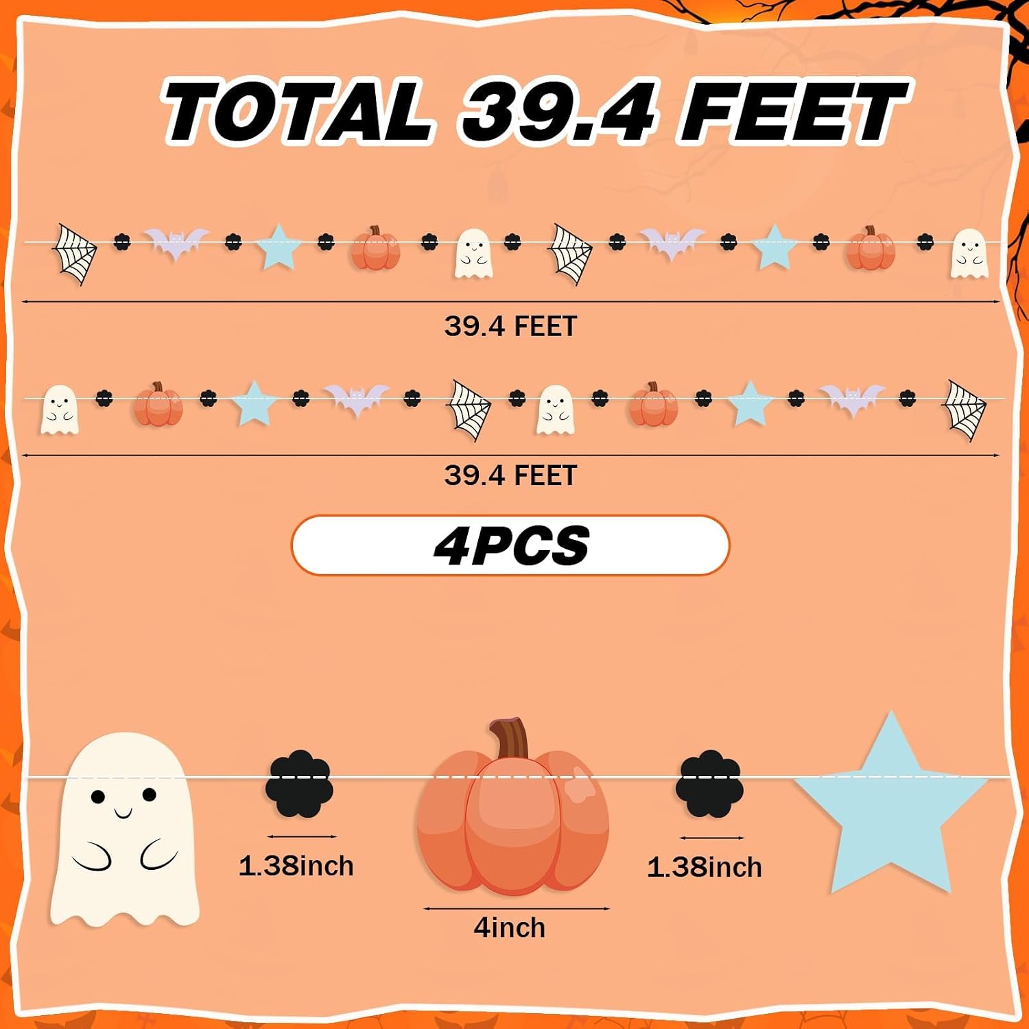 MARFOREVER 4Pack Halloween Garland 39.4Ft Pastel Ghost Pumpkin Banner