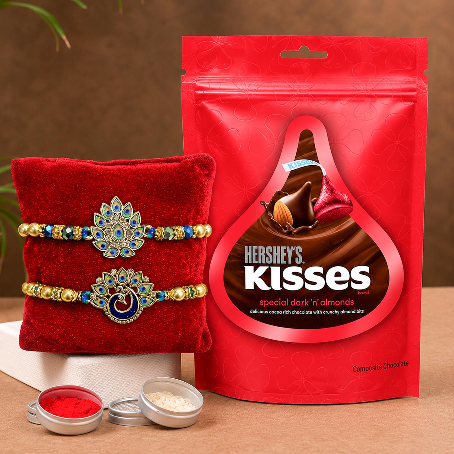TIED RIBBONS Set of 2 Rakhi for Brother with Gift Chocolate Combo - Premium Bracelet for Brother Bhaiya Boys Kids Men with Hersheys Kisses Chocolate and Tikka - Rakhi for Rakshabandhan