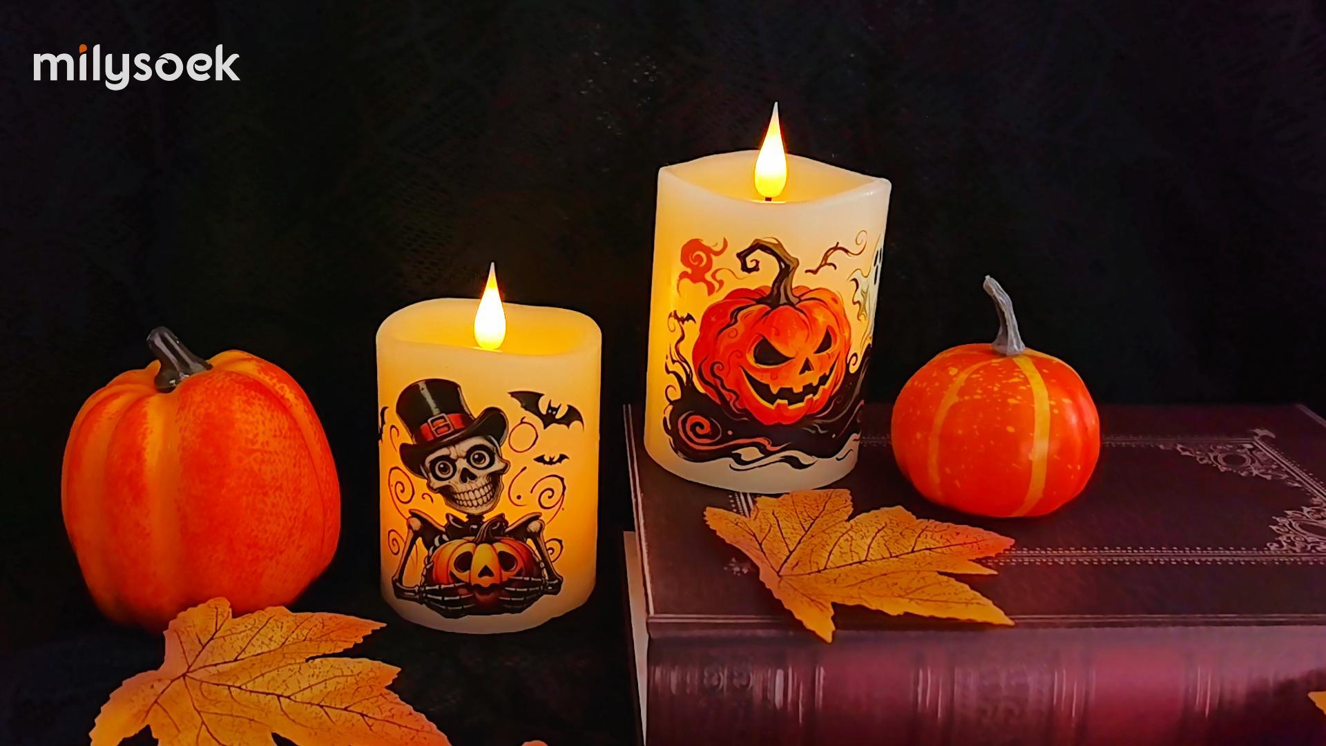Image of 2-Pack 3x4 Flameless LED Candles,Halloween Candles, Real Wax, Timer, Remote, Battery Powered, Ideal for Halloween & Fall Home Decor,Ivory