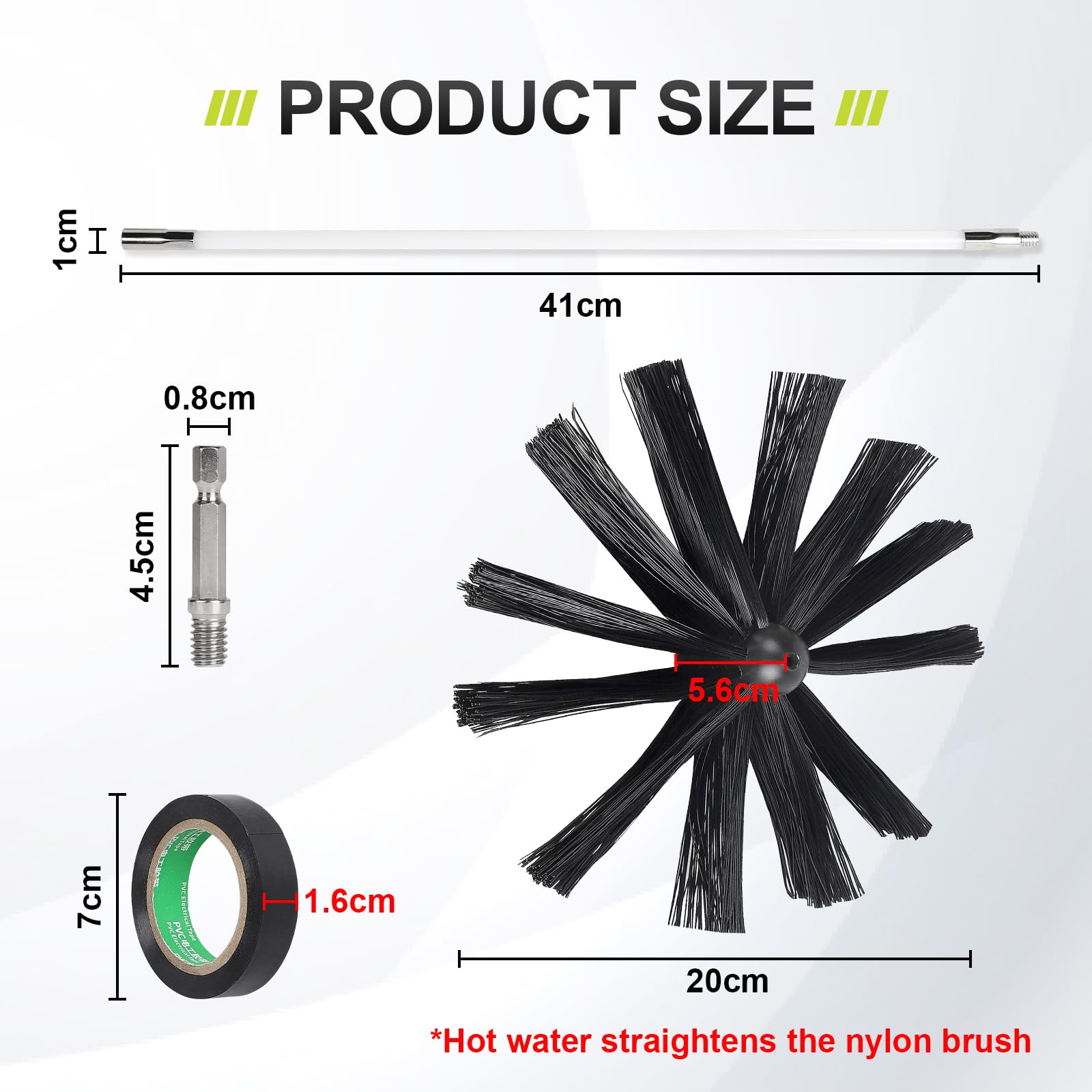 EFUTURETIME 4.8m Cepillo de Chimenea Kit, Deshollinador Cepillo Nylon Ø200 mm con 9 Varilla Flexible 410mm, Se Puede Utilizar con Destornillador para Chimenea, Conducto, Tubo, Secadora