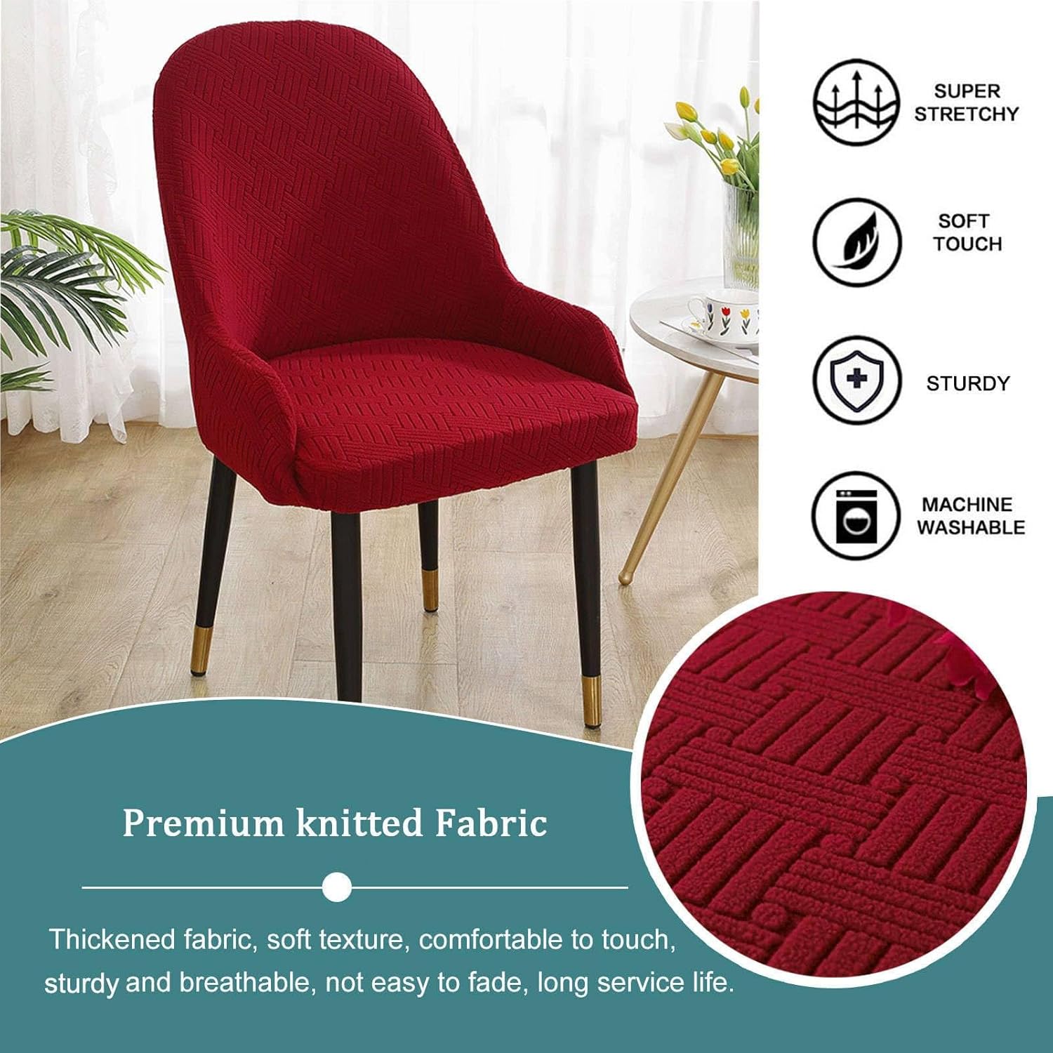 Elastic Dining Chair Cover, Bow Back Armchair Cover with Elastic Bottom Washable Chair Cover with Armrest(Vin Rouge,Lot de 4)