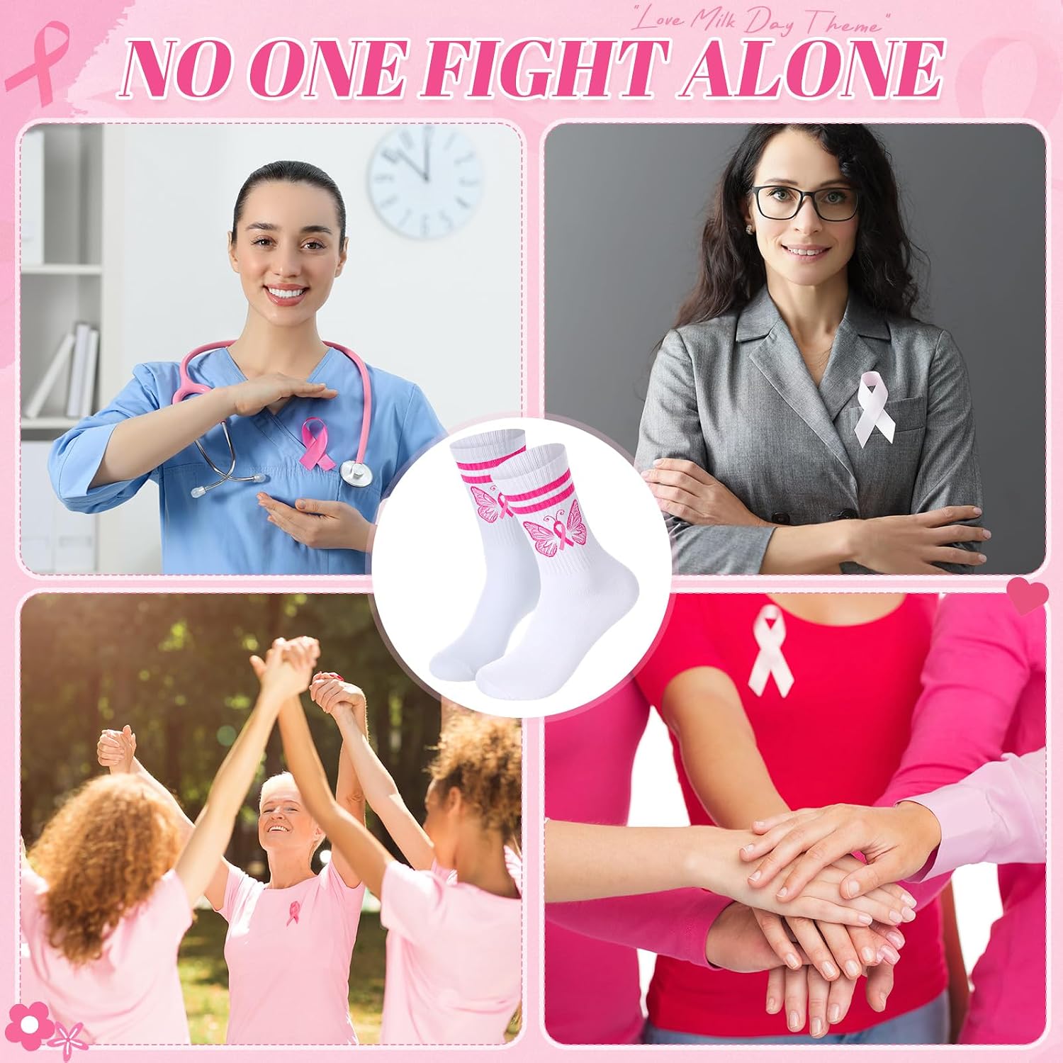 Glitopper 12 Pairs Breast Cancer Awareness Socks Bulk with Pink Ribbon Butterfly Athletic Crew Cotton Socks Cancer Gifts for Women Patients for Charity Awareness Month Events