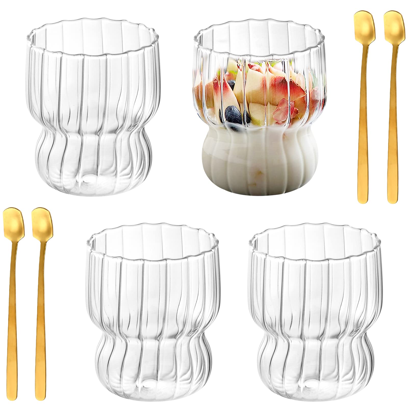 4 Pcs Ribbed Drinking Glasses, 10 Oz Ripple Glass Cups with Stirring Spoon Vintage Fluted Glassware Origami Style Clear Glassware Wave Shape Coffee Mugs for Weddings, Cocktails, Wine, Milk