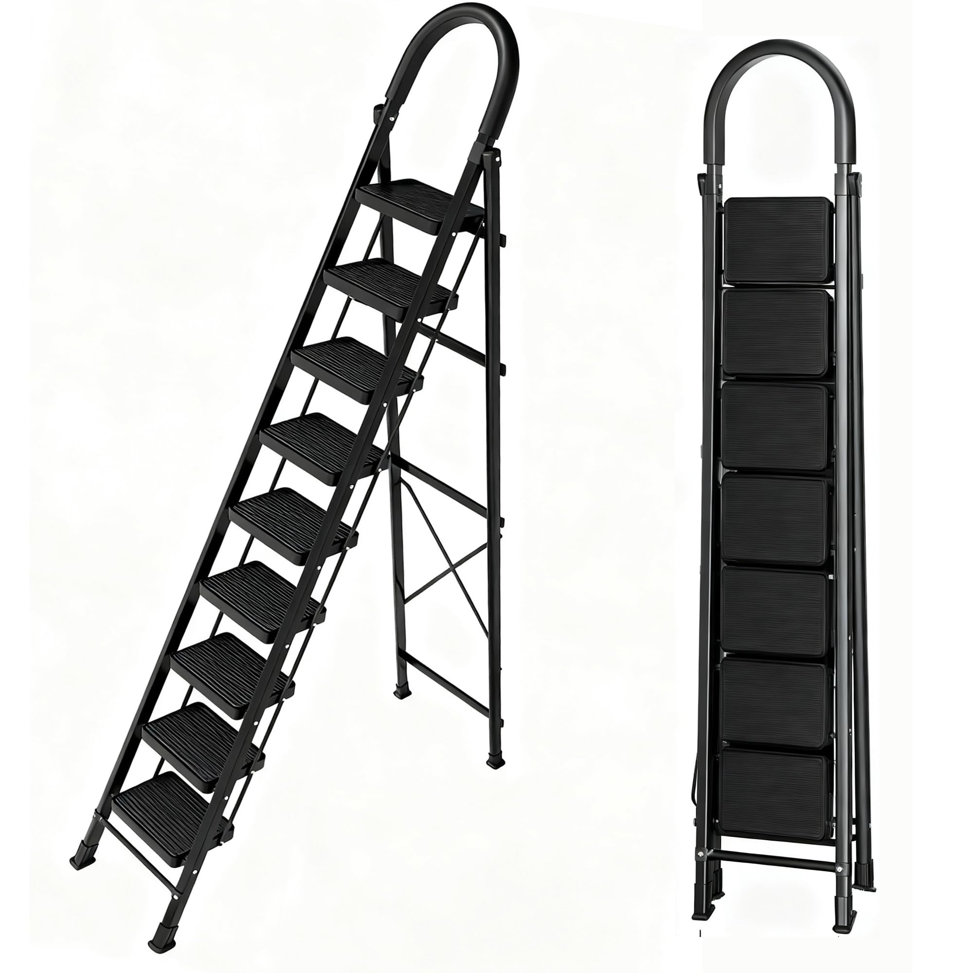 9 Step Folding Ladder,Heavy - Duty Step Stool with Anti - Slip Pedal and Handrails, 330lbs Portable Sturdy Steel Ladder for Home & Kitchen Use,Black
