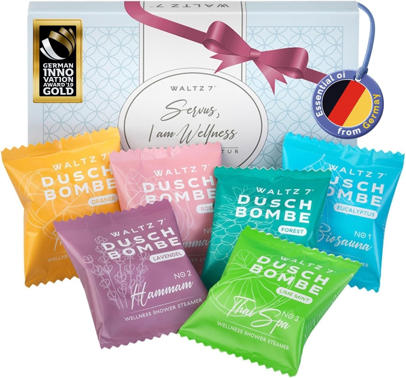 WALTZ 7 Shower Steamers Set, 6 Pieces, 6 Scents, Made in EU, Natural Essential Aromatherapy Oils, Unique Spa Stress Relief, Pamper Gift for Women, Men, Mum, Friendship, Birthday