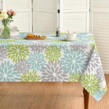 Horaldaily Blue Green Grey Dahlia Table Cloth 6084 Inch Rectangular | Modern Geometry Flower Decor, Washable, Party Picnic Dinner Decor