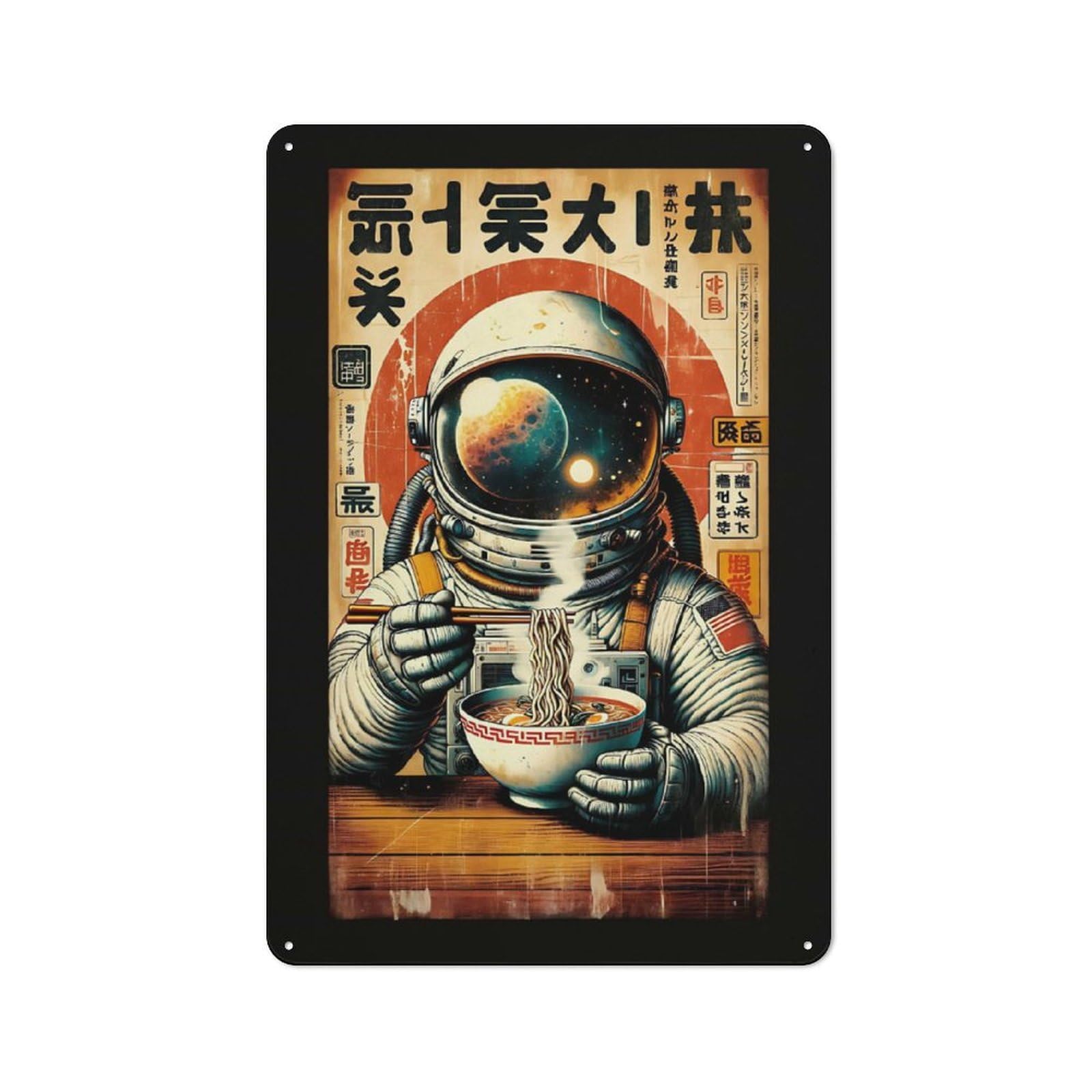 Junmoney Astronaut Eating Ramen In Space 30X20cm Rustic Metal Sign With For Guest Room Or Hallway, For Vintage Wall Decor Fans, For Metal Sign Collectors