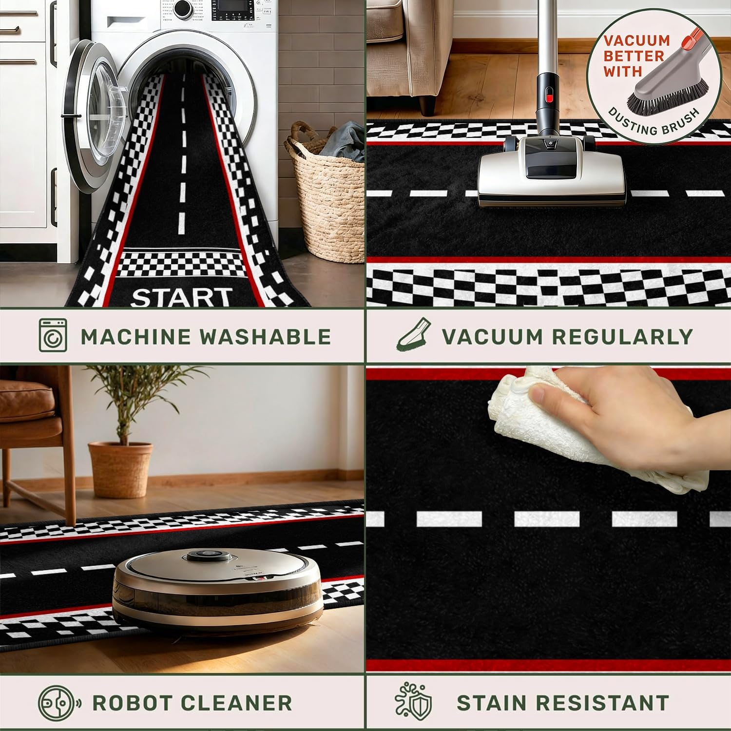 Racing Car Track Runner Rug,1.3x7ft, With Starting Point Car Racing Contest Game Mat Black Honeycomb Geometry Rugs for Bedroom Playroom Bedside, Black White Plaid Indoor Floor Mat for Adults Kids