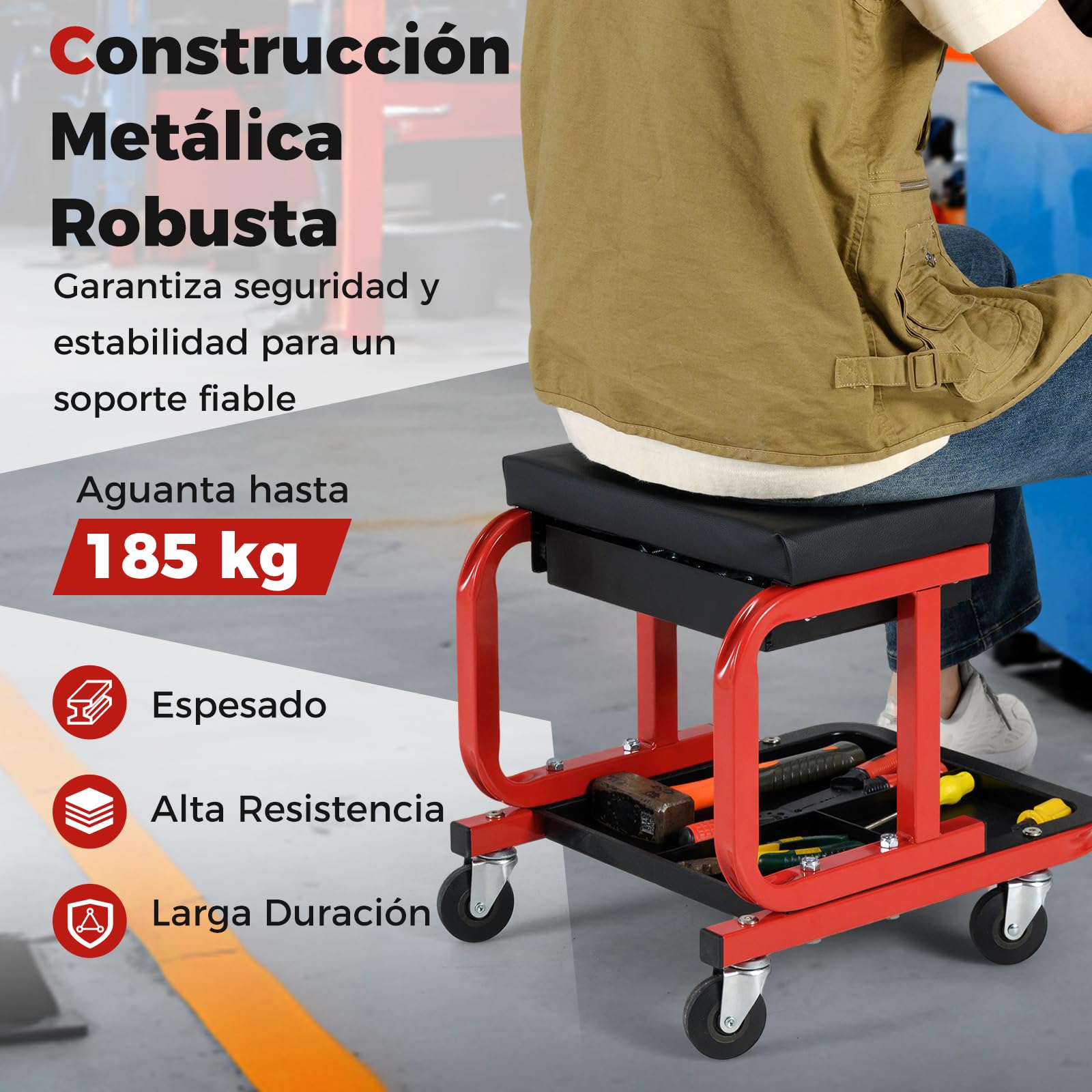 COSTWAY Taburete de Taller con Ruedas, Taburete Mecánico Acolchado con Cajón, Bandeja para Herramientas, Capacidad de Carga de 185 kg, Asiento Giratorio para Garaje, Reparación de Automóviles (Negro)