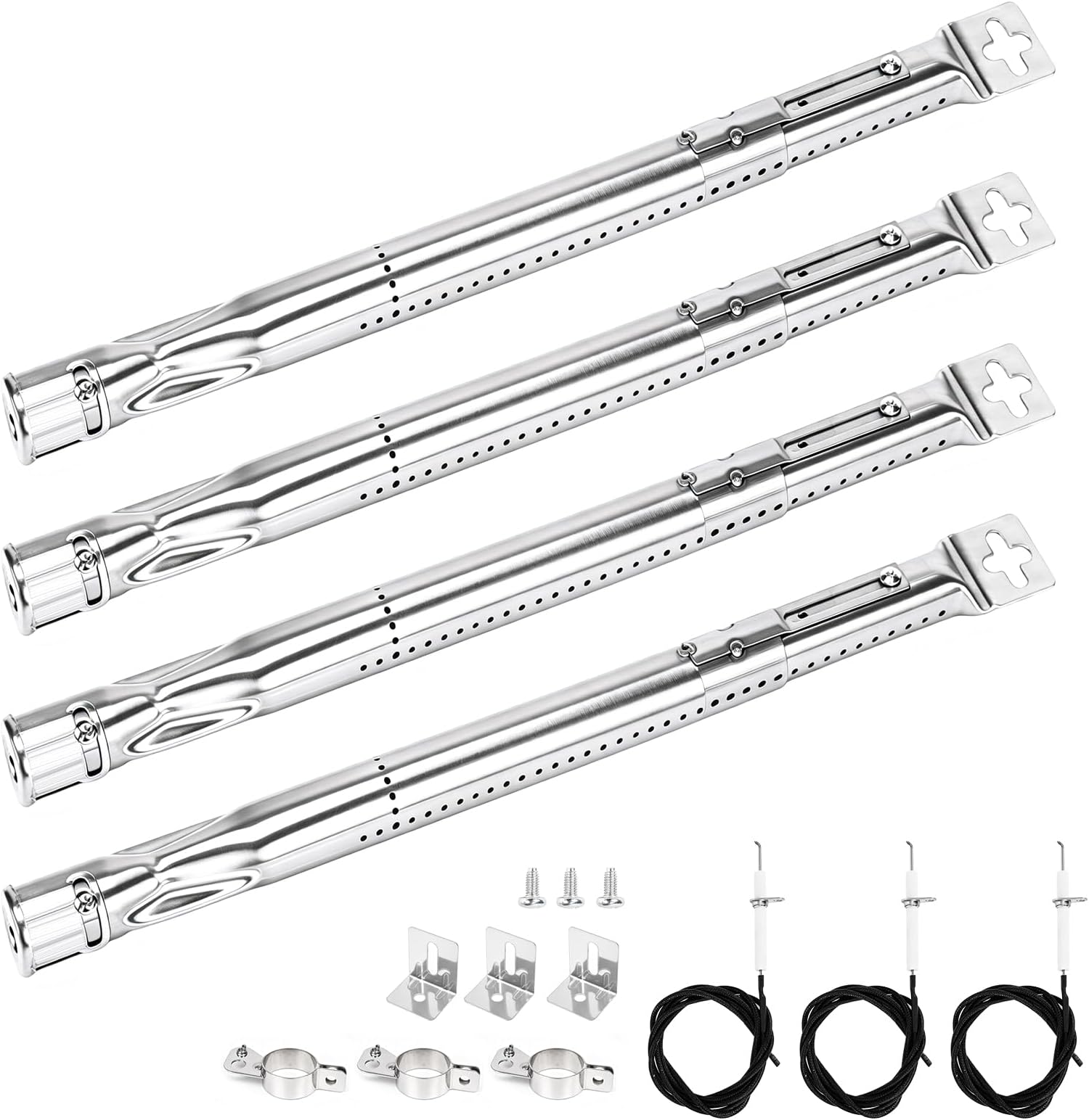 35.5 to 48.3 cm Universal Burner for Charbroil, Napoleon, Landmann, Enders, Barbecook, Tepro, Taino, Proficook, Adjustable Stainless Steel Gas Grill Burner Accessory, 4 Pieces