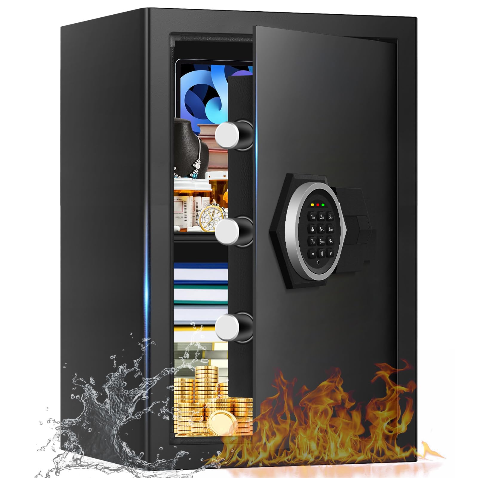 Große Home Safes Wasser- und Feuerfest mit digitaler Tastatur & Schlüsselschloss, Sicherheitssafe für Zuhause mit DIY abnehmbarem Regal, Anti-Pry Safe Box für Gelddokumente