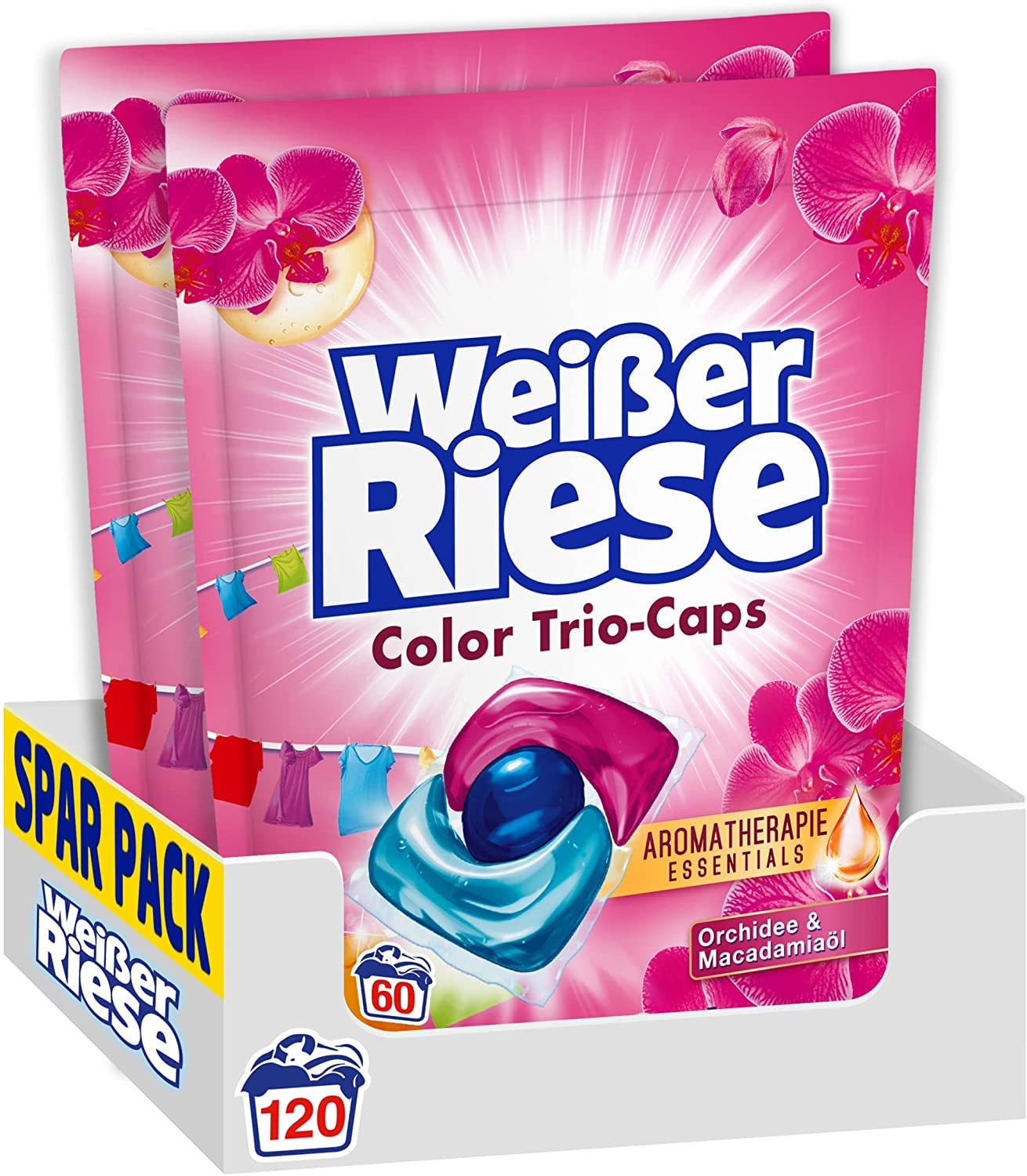 Weißer Riese Color Trio-Caps Aromatherapie Essentials (120 Wäschen), Waschmittel mit Orchidee & Macadamiaöl, Colorwaschmittel mit ätherischen Ölen & intensivem Frische-Effekt