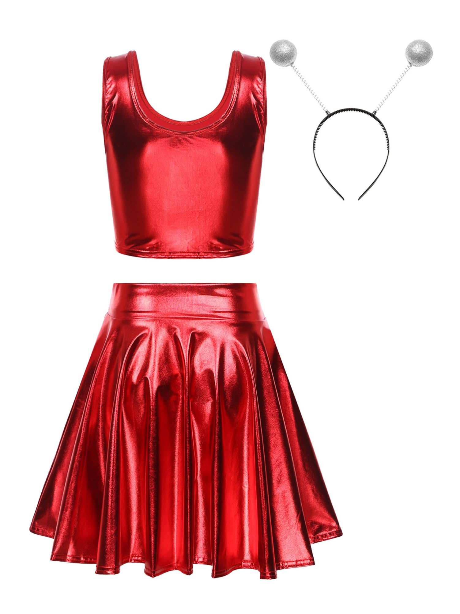 CHICTRY Tuta da Donna Lucida Metallizzata Crop Top Corto da Ballo Jazz Hip Hop + Gonna a Pieghe + Cerchietto per Cappelli Costume da Alieno per Carnevale Clubwear