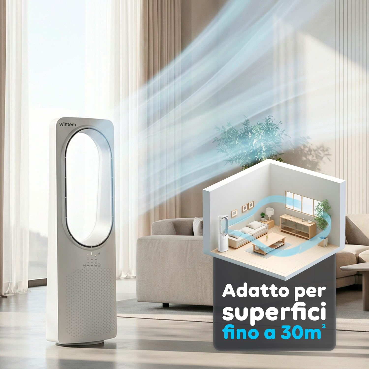 Wintem - Ventilatore a Torre Silenzioso Freezy Senza Pale con Telecomando, 3 Velocità, 3 Modalità, Timer 15 Ore e Oscillazione, Ventilatore da Terra con Display LED e Comandi Touch Intuitivi