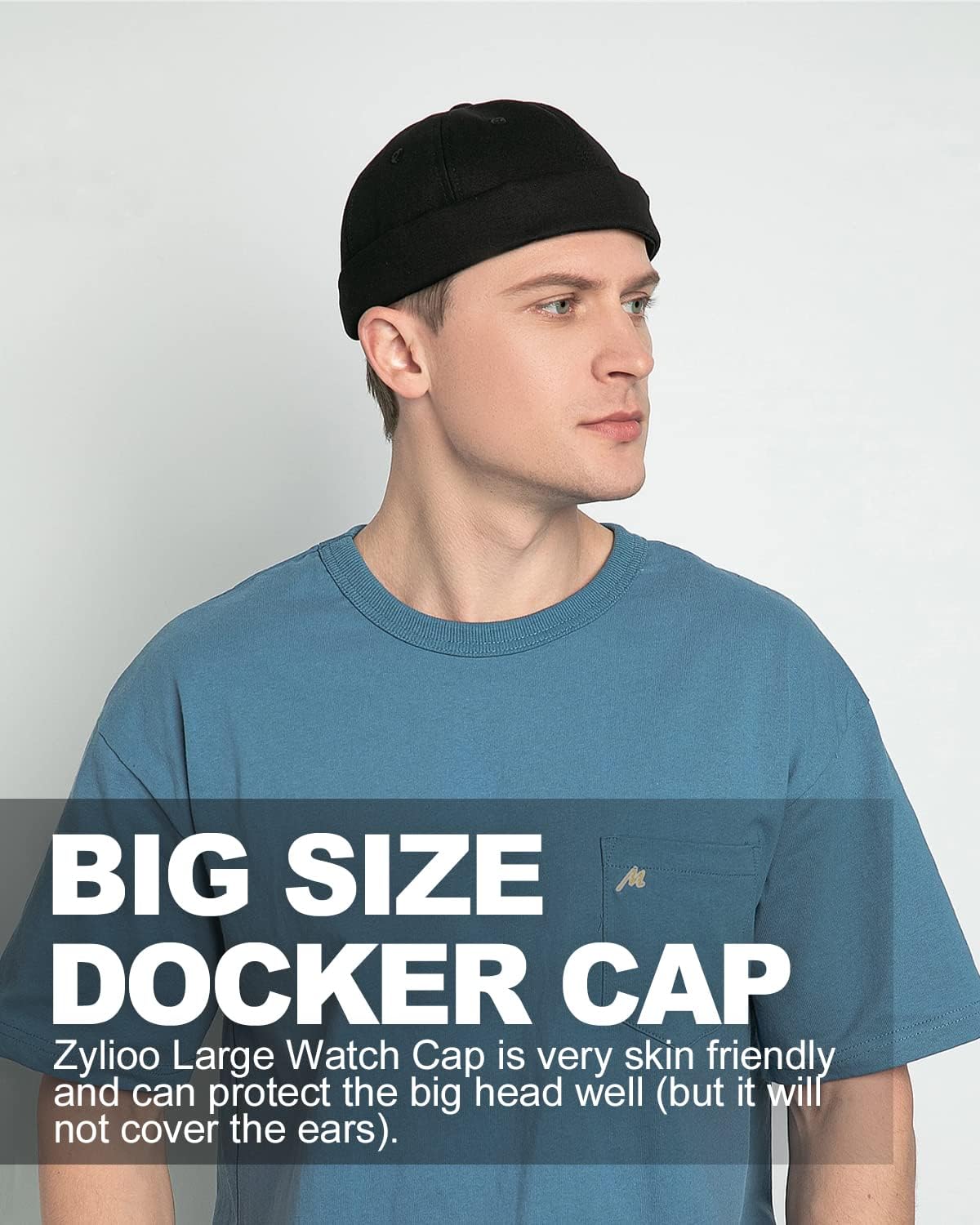 Zylioo Oversize XXL Brimless Hats,Large Rolled Cuff Skull Cap,Adjustable Sailor Docker Cap,Short No Visor Harbour Hat