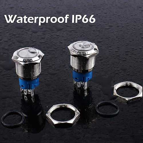 Miniatura 5 de DMWD 2 interruptores de botón con pestillo de 0.748 in, impermeables, 12 V-24 V, anillo LED 1NO 1NC con autobloqueo de metal redondo de 34 pulgadas,