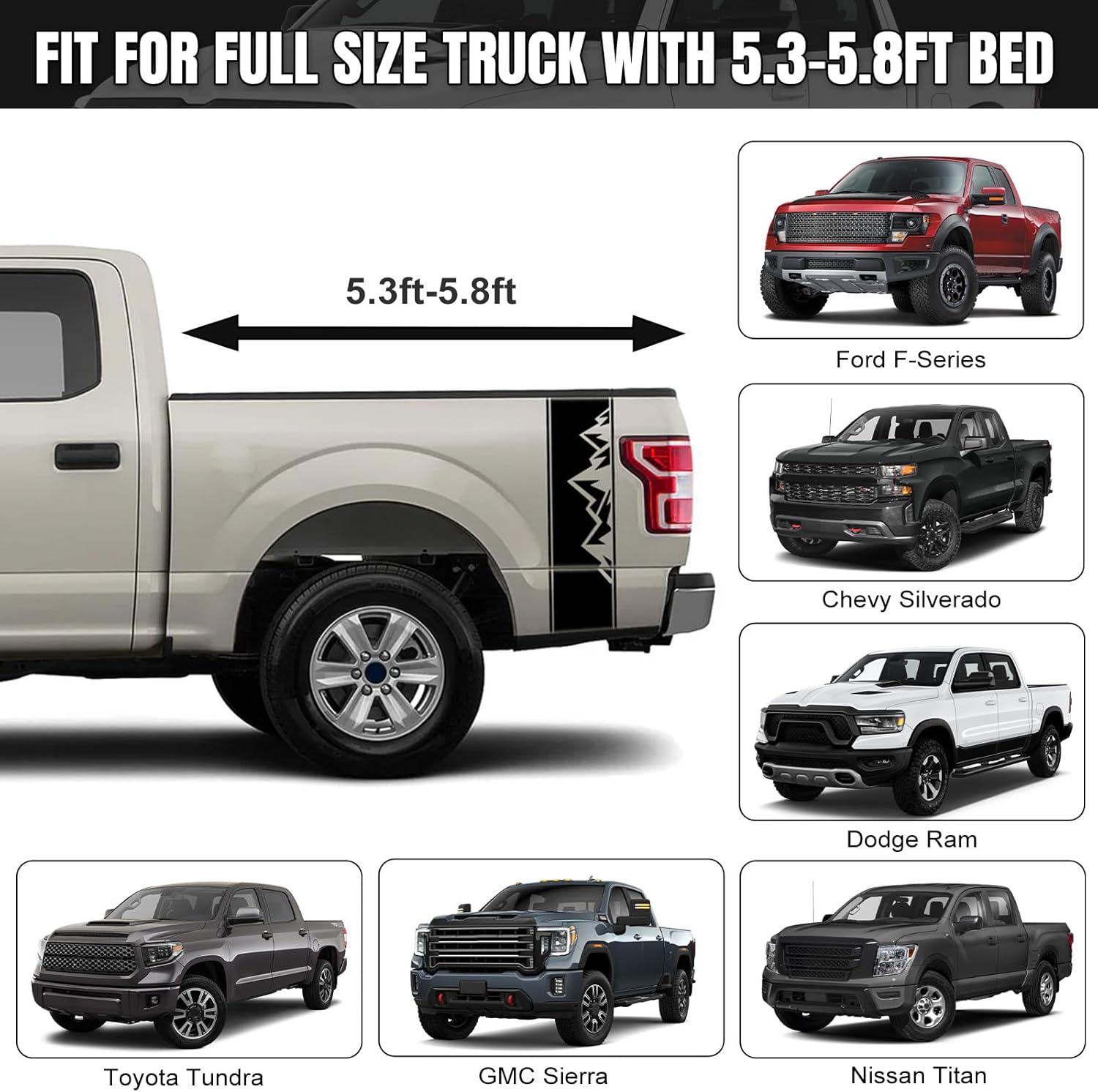 Full-Size Truck Bed Tarp Cover Compatible with Ford F-Series, Chevy Silverado and Dodge Ram 5.3Ft-5.8Ft Bed, 600D Heavy Duty with 12 Elastic Cords Pickup Bed Tarp for Snow Rain Sun Dust Protection