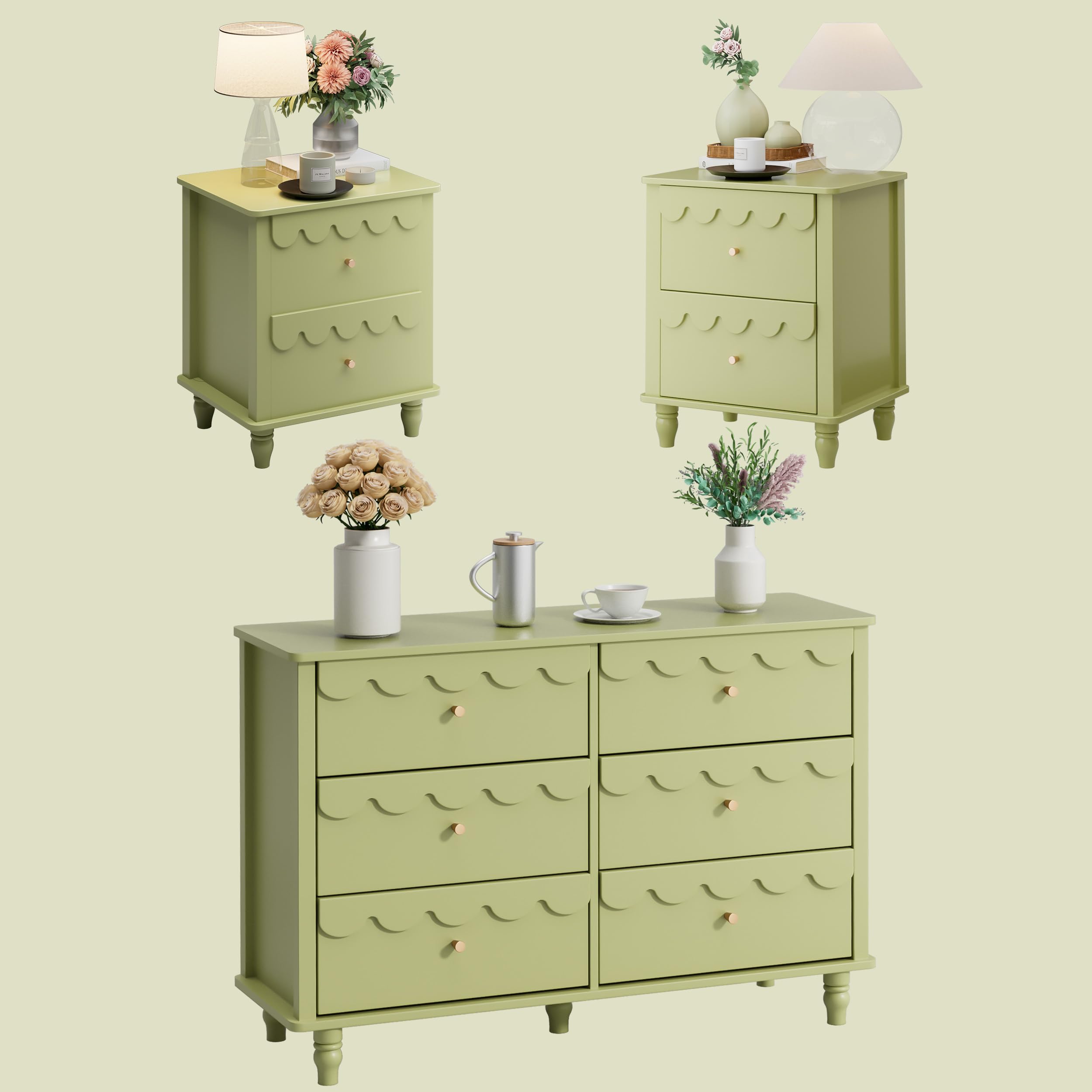 Amazon.com: Anbuy Bedroom Sets 3 PCS Scalloped 6 Drawer Dresser and Night  Stand Sets for Bedroom, Two Drawers Nightstand Set of 2 & 6 Drawer Dresser  Combo 3 Pieces (Green) : Home & Kitchen