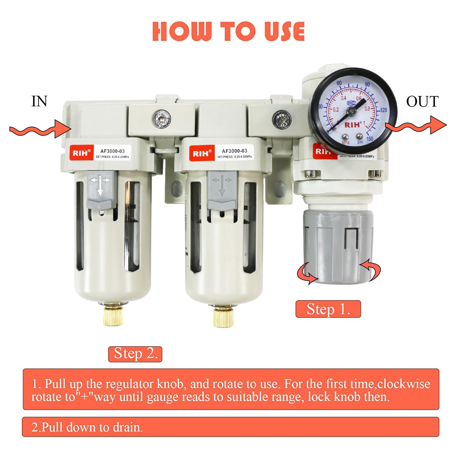 RIH Pneumatica aria compressa doppio filtro e regolatore, sistema di asciugatura dell'aria, separatore d'acqua compressore d'aria, scarico semi automatico, ciotola poli, 0-150 psi Gauge, elemento in
