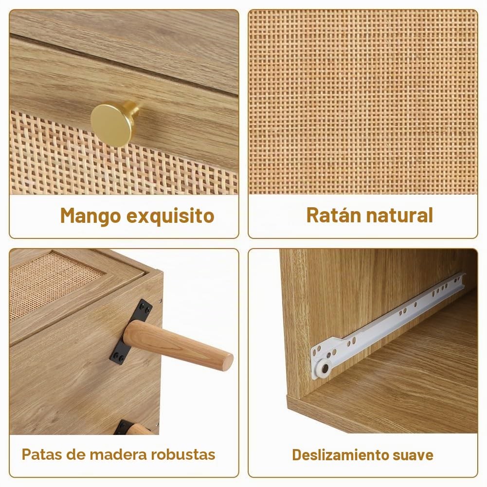 Cómoda con 3 Cajones Cómoda Dormitorio Estrecha con Frontales de Ratán y Patas Elevadas Cajonera para Salón Oficina 80x40x92cm Natural