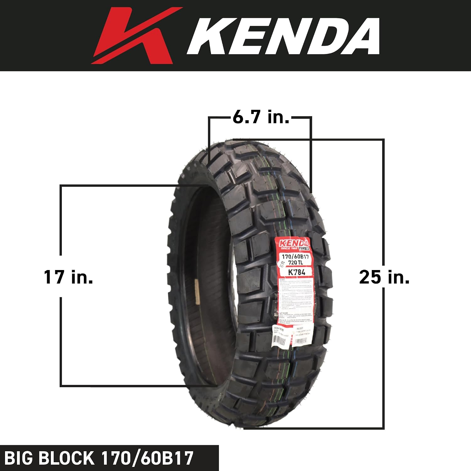 Kenda Big Block (K784) 170/60B17 Rear Tire for Motorcycles, Dirt Bikes, and City Bikes - Durable Off-Road & Street Performance with Keychain 170x60x17
