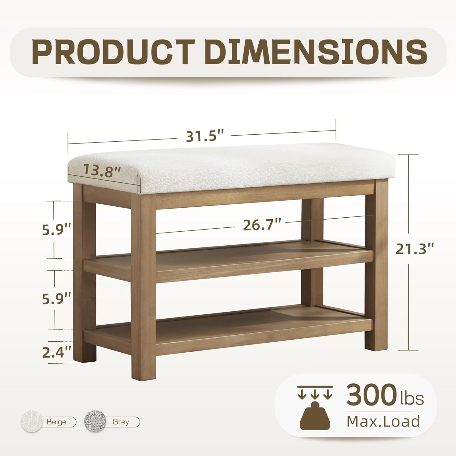 2 Tier Shoe Rack Bench with Cushion, Solid Wood Shoe Benches, Mid-Century Modern Shoe Storage Bench for Entryway, Hallway, Living Room, Closet, Front Door Entrance, (Beige, 31.5")