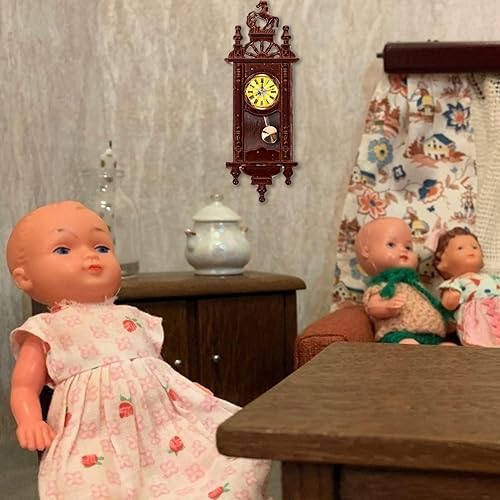 Miniatura 8 de HOMSFOU Reloj de pared en miniatura para casa de muñecas, reloj vintage de madera a escala 1:12, muebles para casa de muñecas, sala de estar,