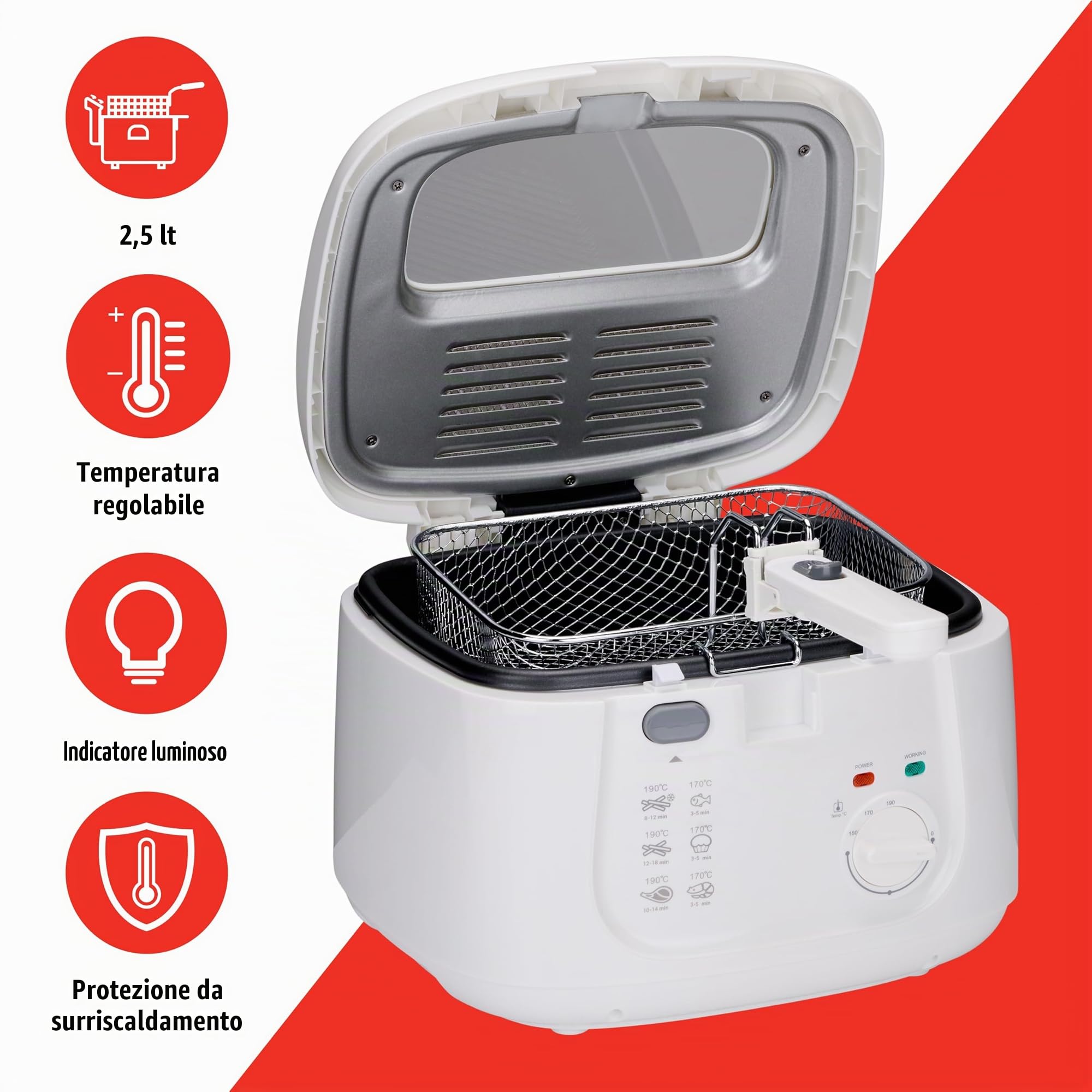 alpina Friggitrice – Friggitrice – 1800 Watt – 2,5 litri – fino a 190º –