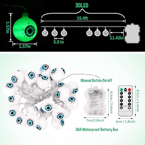 Miniatura 2 de Fashionwu Halloween String Lights Green, 30 LED Waterproof Halloween Eyeball String Lights, 15FT Long String Lights for Halloween Tree Decorations,