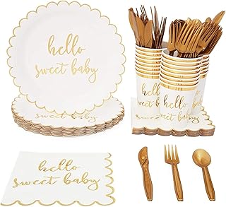 Sparkle and Bash Baby Shower Decorations Dinnerware Set - 144-Piece, Serves 24, Gold - Baby Shower Plates, Cups, Utensils & Napkins