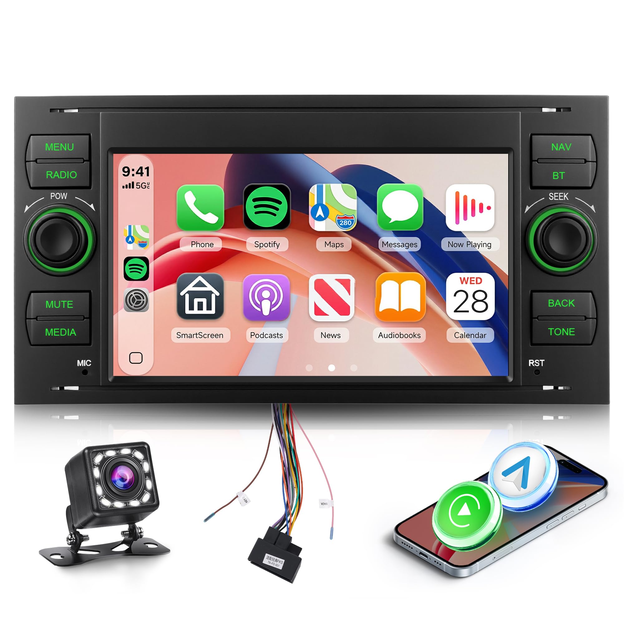 Hodozzy Radio samochodowe do Ford Transit Fiesta Focus z bezprzewodowym Carplay Android Auto,7-calowy ekran z Bluetooth/RDS, radiem, SWC/USB/GPS/EQ/Mirror Link, kamera cofania