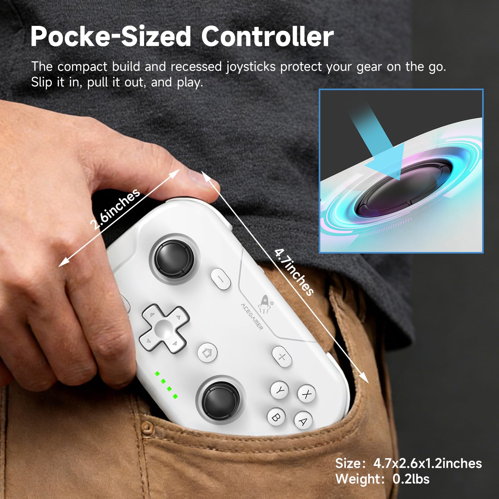 AceGamer Pocket Controller, Mando inalámbrico para Switch/PC/iOS/Android, minicontrolador con Joystick, Turbo, Sensor giroscópico de 6 Ejes y activación con un Solo botón（Blanco） — view 7