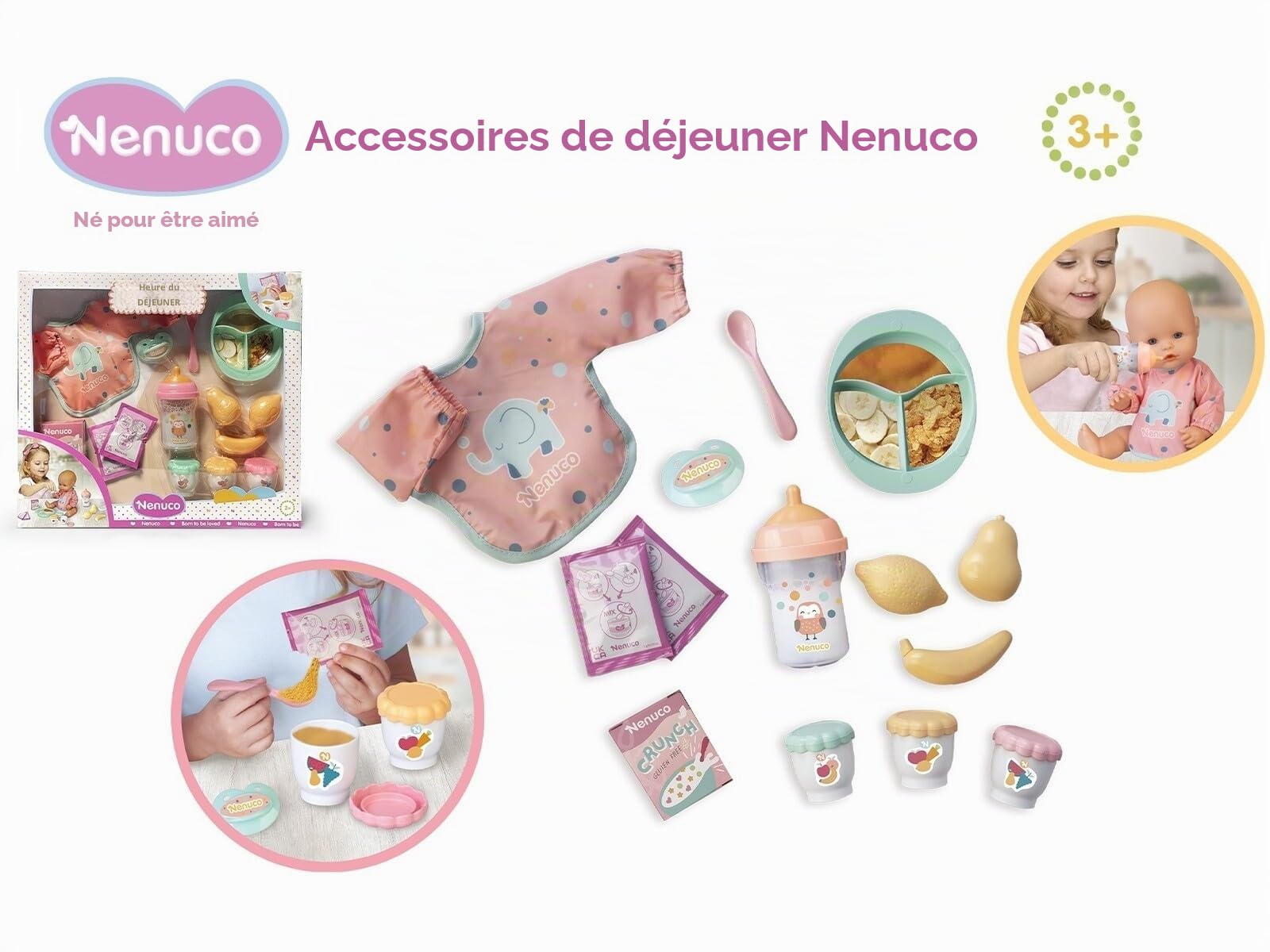 Nenuco - Set de Petits Plats avec Accessoires pour Une Alimentation Saine, Comprend Un Bavoir Complet, Un biberon, des Fruits, Une Assiette avec cuillère, des Petits Pots, Famosa (NFNB9000)