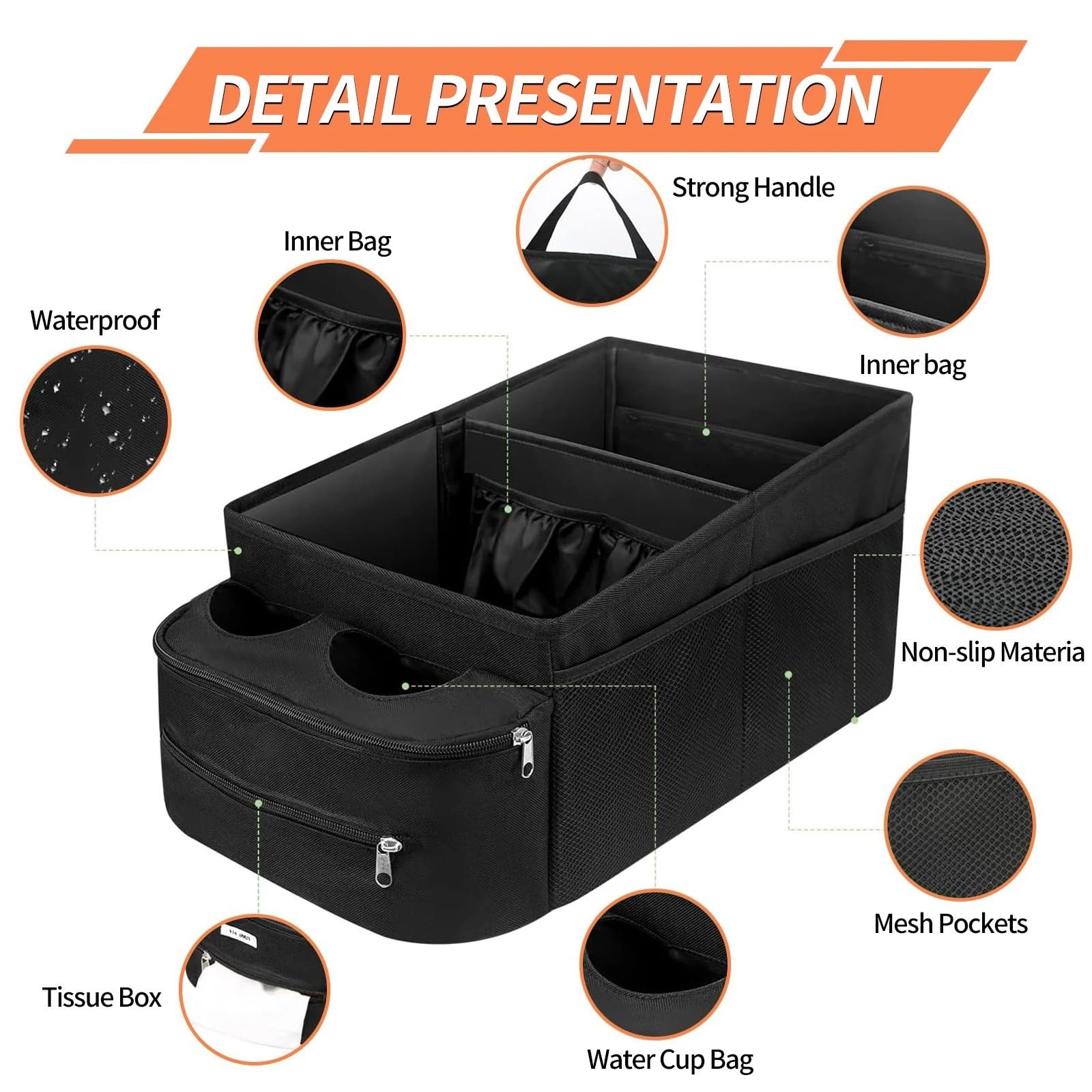Almacén Antideslizante Durable‌ Organizador de maletero de coche, caja de almacenamiento, antideslizante, impermeable, para bolígrafo, taza de agua, organizador de teléfono Organizador de Maletero‌