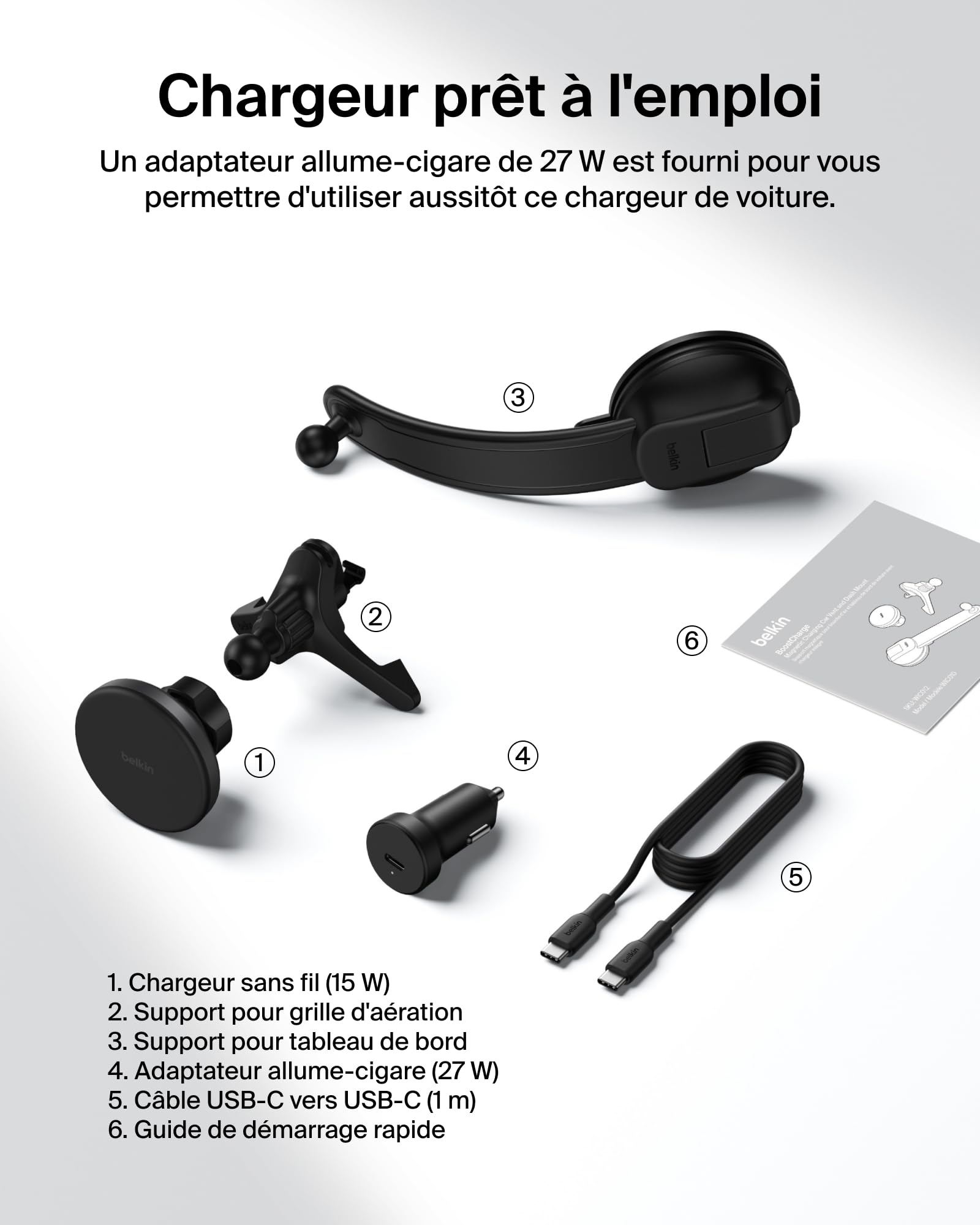Belkin Chargeur de Voiture sans Fil, Support de Voiture Magnétique avec Câble USB-C, Compatible MagSafe, Recharge Rapide pour iPhone 17, Galaxy S25, Pixelsnap, etc., Accessoire De Voiture Qi2 - Noir