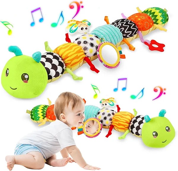 Baby Sensory Toys for 0-6 6-12 Months, Musical Stuffed Caterpillar Toy with Crinkle Rattle Mirror, Baby Essentials Infant Tummy Time Toys for 3 6 9 12 18 Months, Newborn Boys Girls Shower Gifts