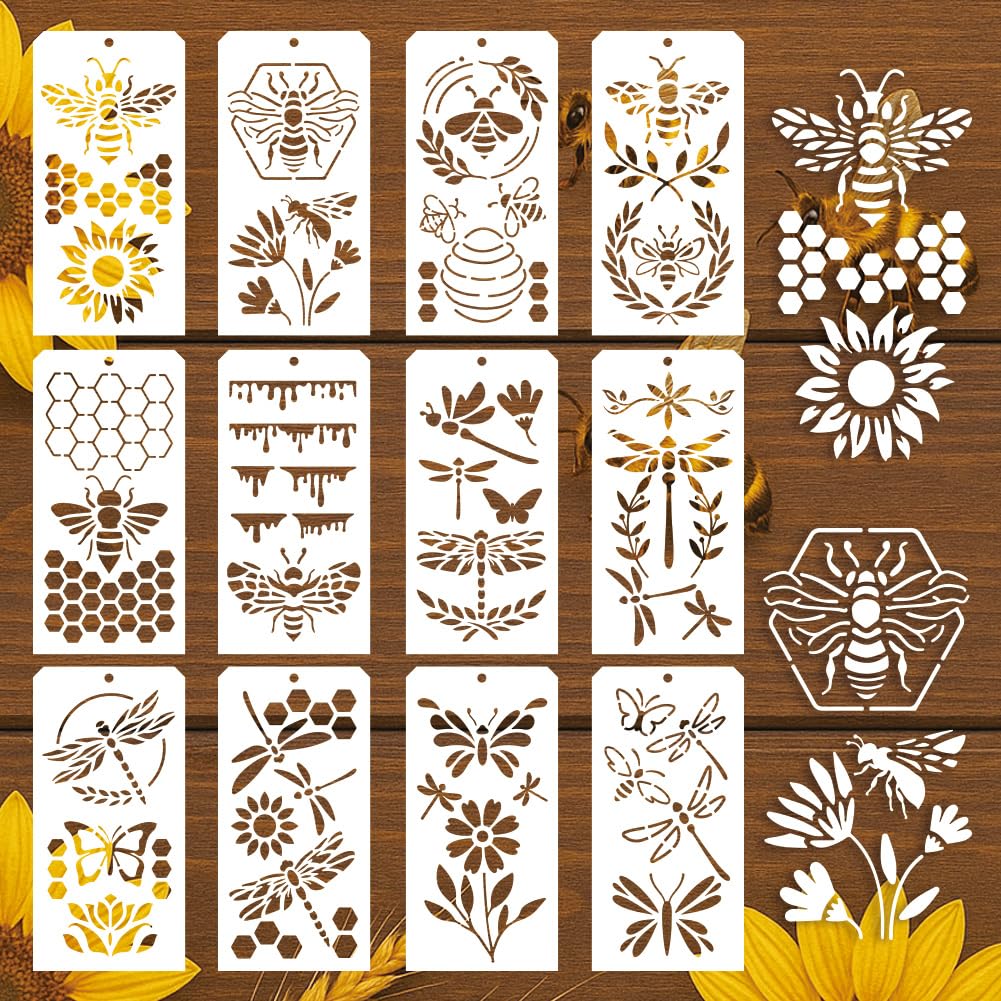 GOMAKERER 12 Pcs Bee and Dragonfly Stencils for Painting, 12 Styles Bee Honeycomb Painting Stencils Reusable Art Drawing Templates for Drawing on Wall Wood Home Decor